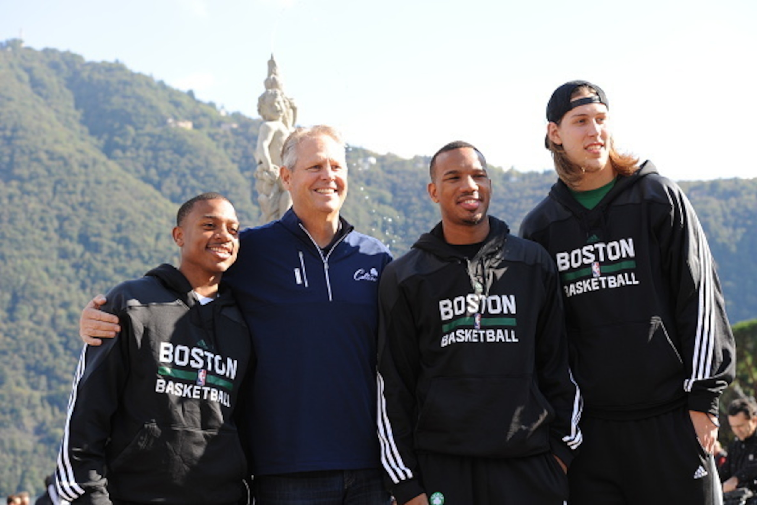 LAKE COMO - OCTOBER 4:  Isaiah Thomas, President of Basketball Operations, Danny Ainge, Avery Bradley and Kelly Olynyk of the Boston Celtics pose for a portrait during the 2015 Global Games on October 4, 2015 in Cernobbio, Italy with Lake Como in the back