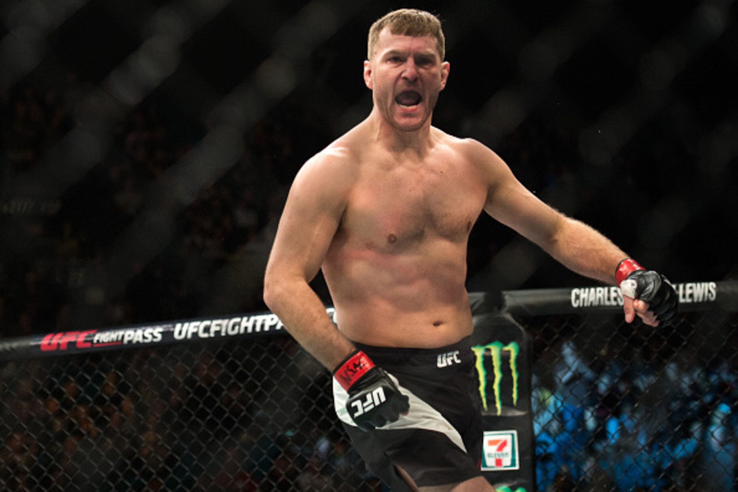 LAS VEGAS, NV - JANUARY 02:  Stipe Miocic celebrates his knockout victory over Andrei Arlovski in their heavyweight fight during the UFC 195 event inside MGM Grand Garden Arena on January 2, 2016 in Las Vegas, Nevada.  (Photo by Brandon Magnus/Zuffa LLC/Z