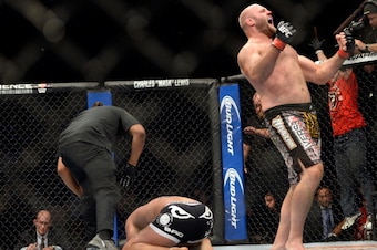 MILWAUKEE, WI - AUGUST 31:  (R-L) Ben Rothwell celebrates after defeating Brandon Vera by TKO in their UFC heavyweight bout at BMO Harris Bradley Center on August 31, 2013 in Milwaukee, Wisconsin. (Photo by Jeff Bottari/Zuffa LLC/Zuffa LLC via Getty Image