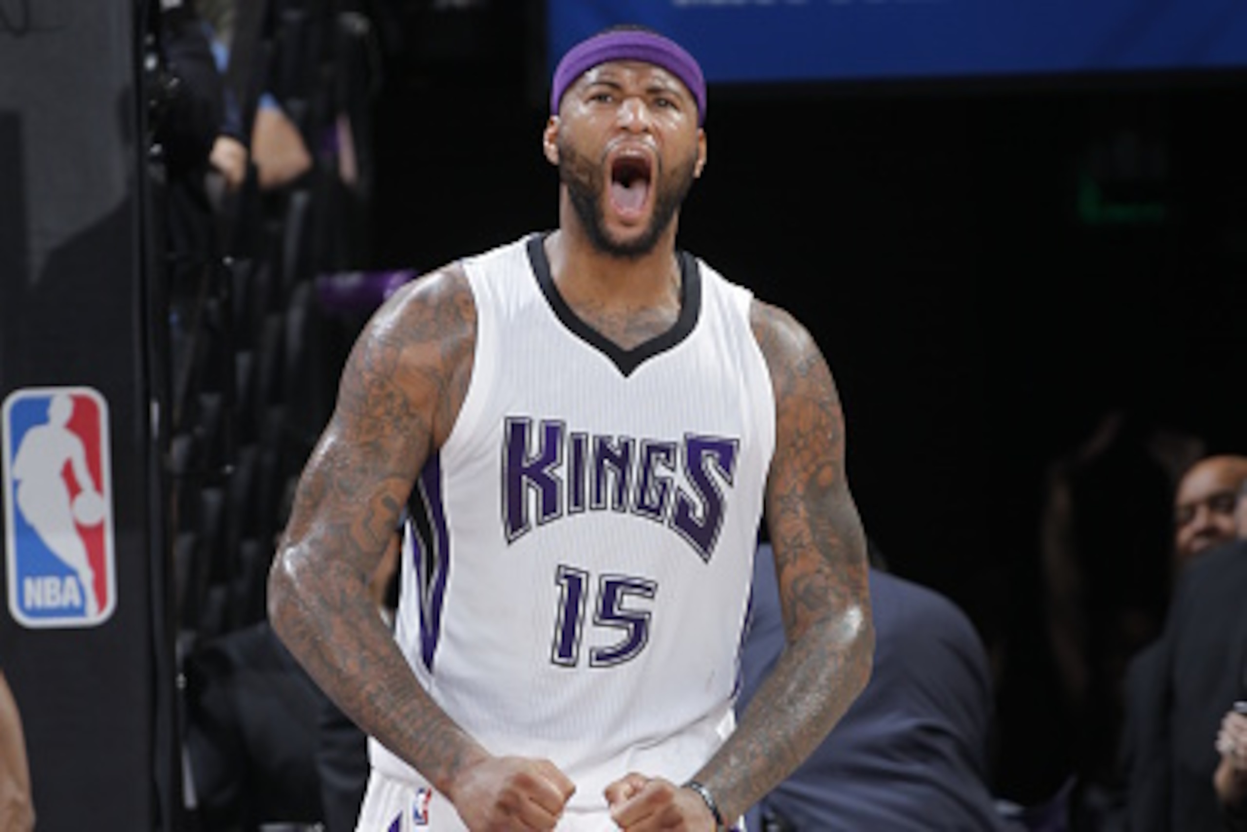 SACRAMENTO, CA - JANUARY 25: DeMarcus Cousins #15 of the Sacramento Kings celebrates after the play against Charlotte Hornets at Sleep Train Arena on January 25, 2016 in Sacramento, California. NOTE TO USER: User expressly acknowledges and agrees that, by