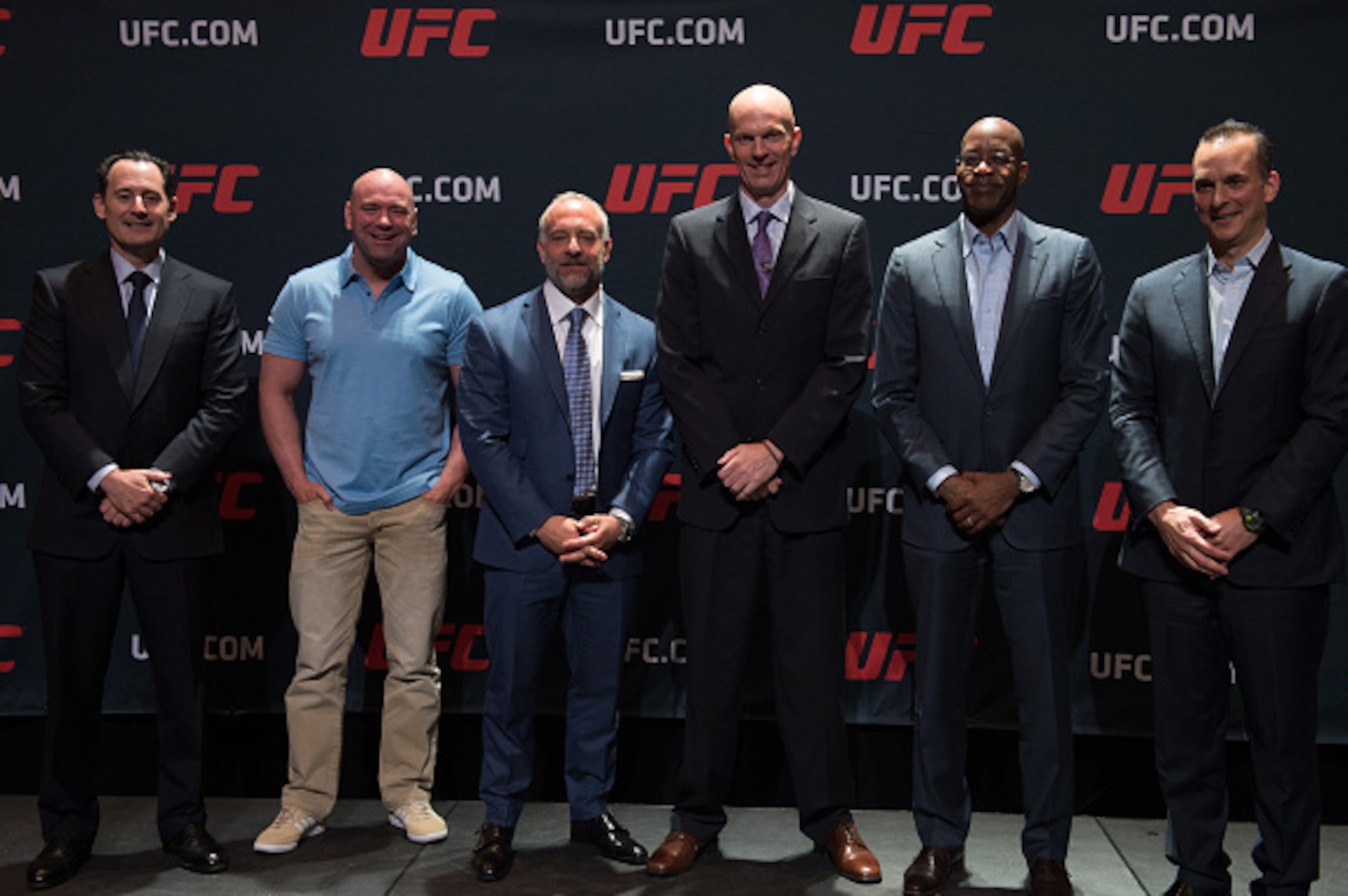LAS VEGAS, NV - JUNE 03:  (L-R) UFC Vice President & COO Lawrence Epstien, UFC President Dana White, UFC Chairman & CEO Lorenzo Fertitta, VP of Athlete Health & Performance Jeff Novitzky, USADA Chairman Dr. Edwin Moses, and USADA Chief Executive Officer T