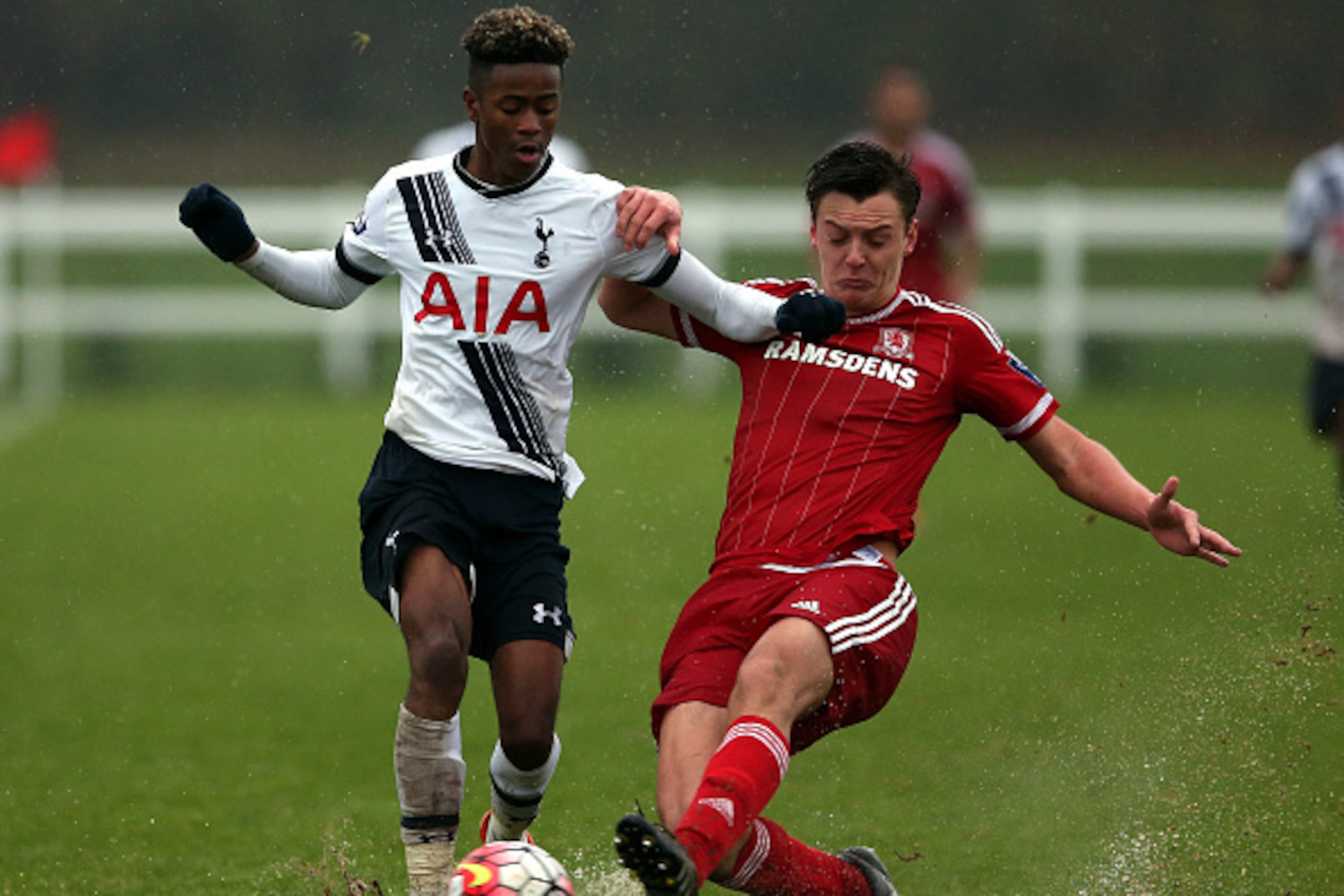 DARLINGTON, ENGLAND - NOVEMBER 30: Dael Fry (R) of Middlesbrough challenges Shayon Harrison of Tottenham Hotspur during their U21 Premier League match at Rockliffe Park on November 30, 2015 in Darlington, England.  (Photo by Nigel Roddis/Getty Images)