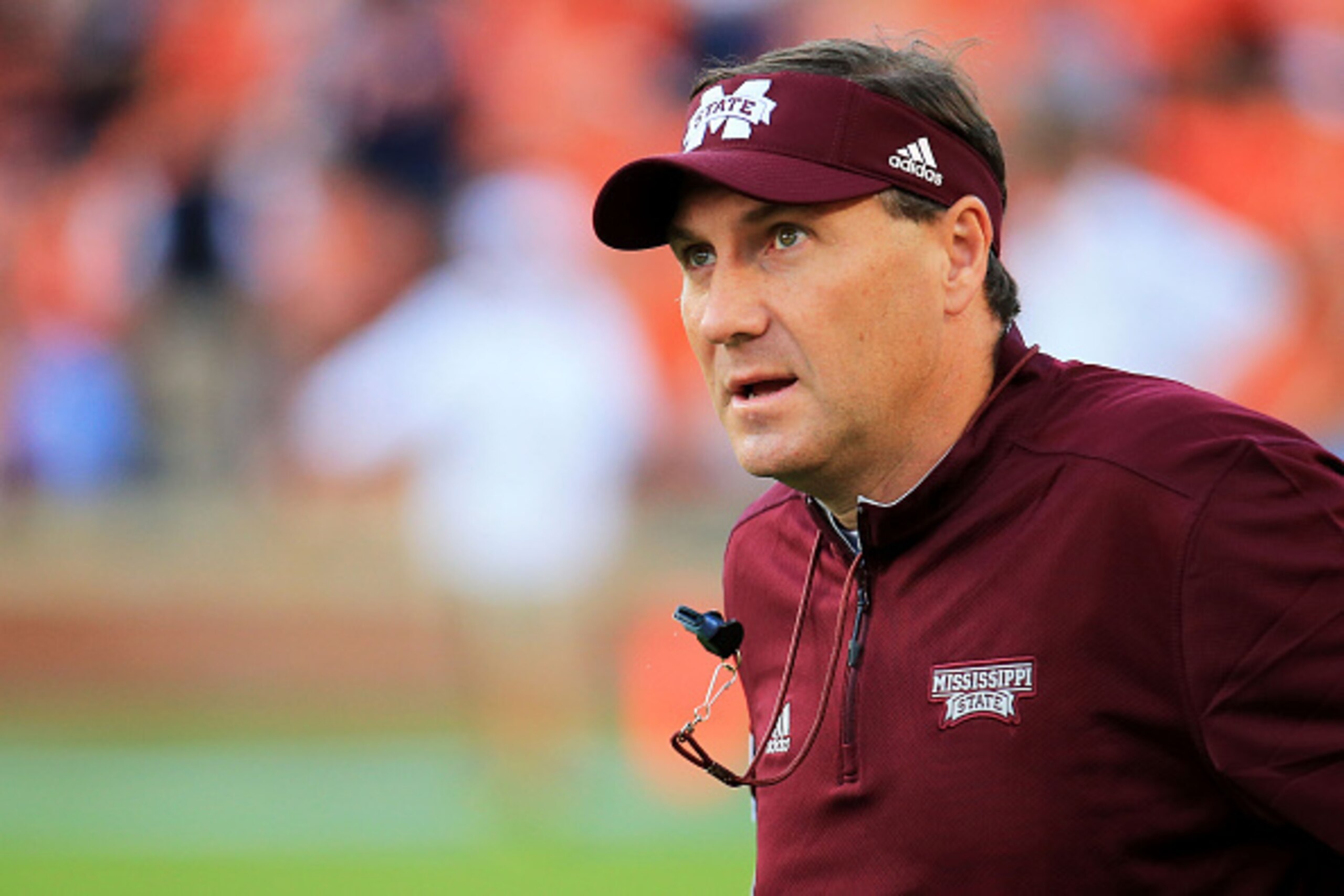 AUBURN, AL - SEPTEMBER 26:  Head coach Dan Mullen of the Mississippi State Bulldogs looks on during warm ups prior to the game against the Auburn Tigers at Jordan Hare Stadium on September 26, 2015 in Auburn, Alabama.  (Photo by Daniel Shirey/Getty Images