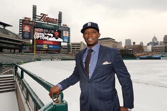 DETROIT, MI - JANUARY 20:  Justin Upton #8 of the Detroit Tigers stands out on a snowy Comerica Park field prior to the press conference to announce his contract signing at Comerica Park on January 20, 2016 in Detroit, Michigan.  (Photo by Mark Cunningham