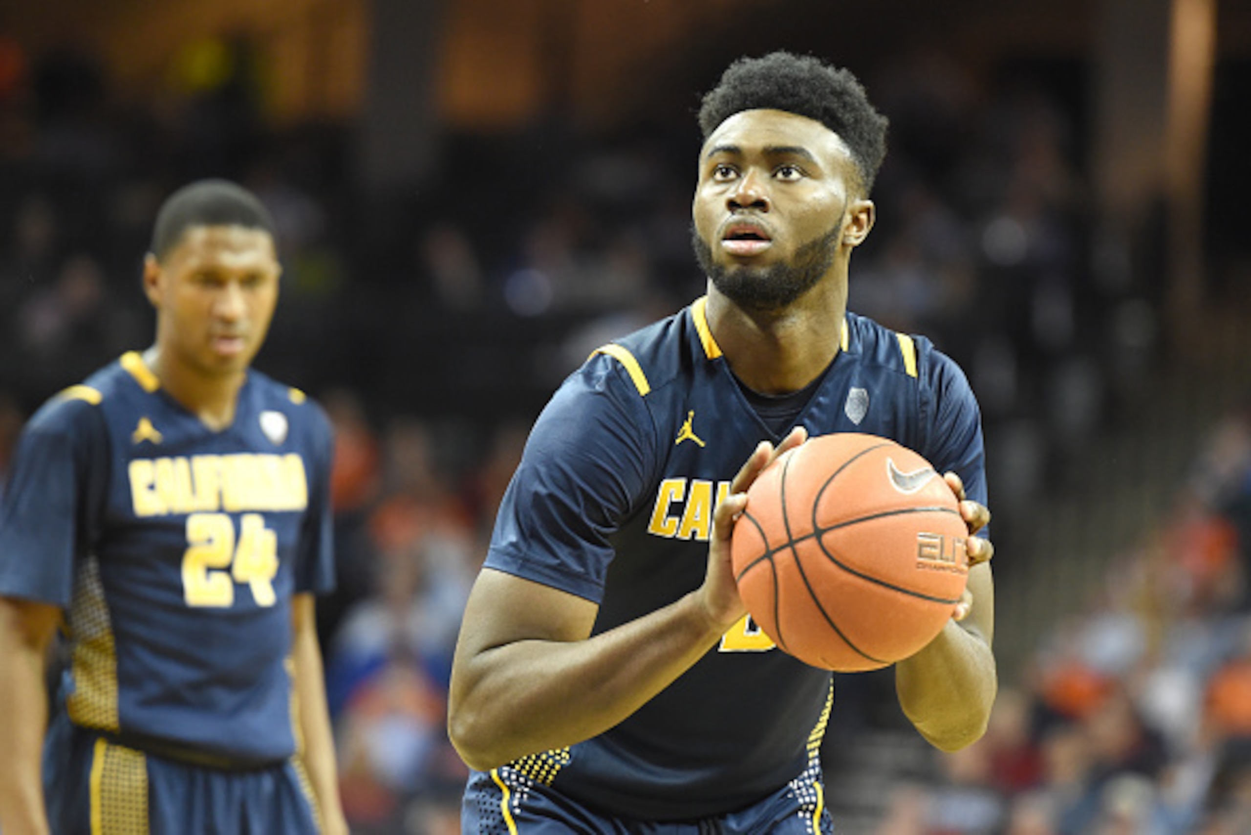 CHARLOTTESVILLE, VA - DECEMBER 22:  Jaylen Brown #0 of the California Golden Bears takes a foul shot during a college basketball game against the Virginia Cavaliers at John Paul Jones Arena on December 22, 2015 in Charlottesville, Virginia.  The Cavaliers