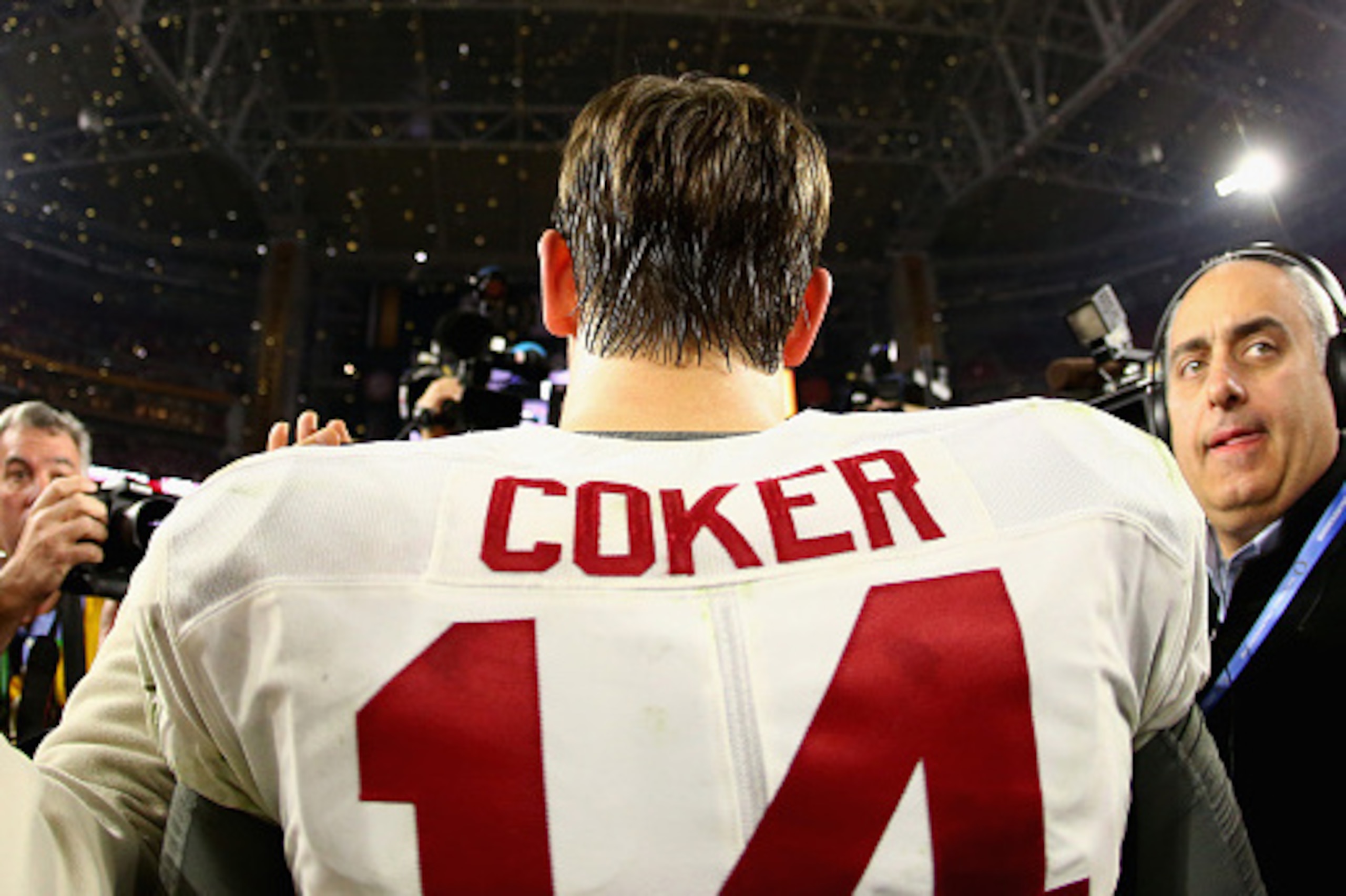 GLENDALE, AZ - JANUARY 11:  Jake Coker #14 of the Alabama Crimson Tide celebrates after defeating the Clemson Tigers in the 2016 College Football Playoff National Championship Game at University of Phoenix Stadium on January 11, 2016 in Glendale, Arizona.