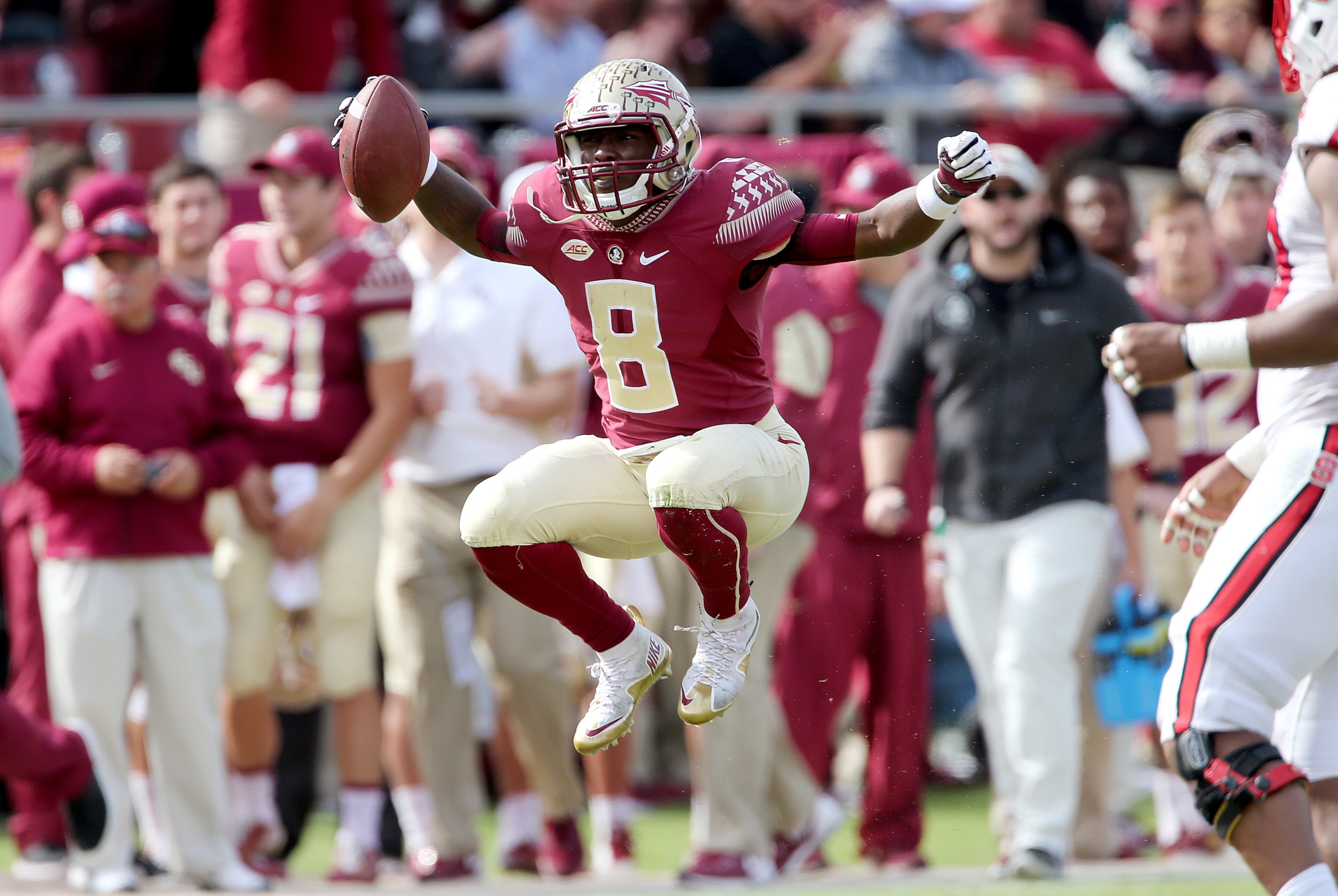 Nov 14, 2015; Tallahassee, FL, USA; Florida State Seminoles defensive back Jalen Ramsey celebrates a turnover against the North Carolina State Wolfpack at Doak Campbell Stadium. Mandatory Credit: Glenn Beil-USA TODAY Sports