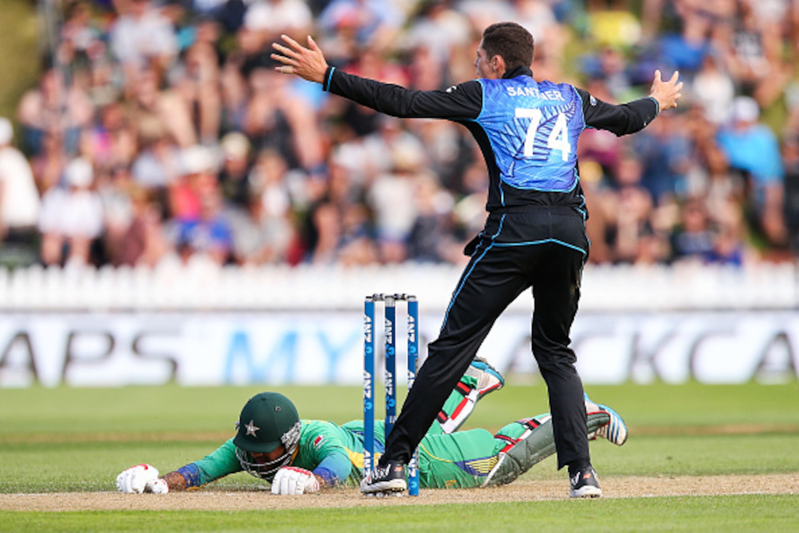 WELLINGTON, NEW ZEALAND - JANUARY 25:  Sarfraz Ahmed of Pakistan makes his ground without his bat while Mitchell Santner of New Zealand appeals during the One Day International match between New Zealand and Pakistan at Basin Reserve on January 25, 2016 in