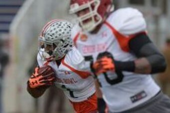 Jan 26, 2016; Mobile, AL, USA; North squad wide receiver Braxton Miller of Ohio State (1) runs the ball after a catch during Senior Bowl practice at Ladd-Peebles Stadium. Mandatory Credit: Glenn Andrews-USA TODAY Sports