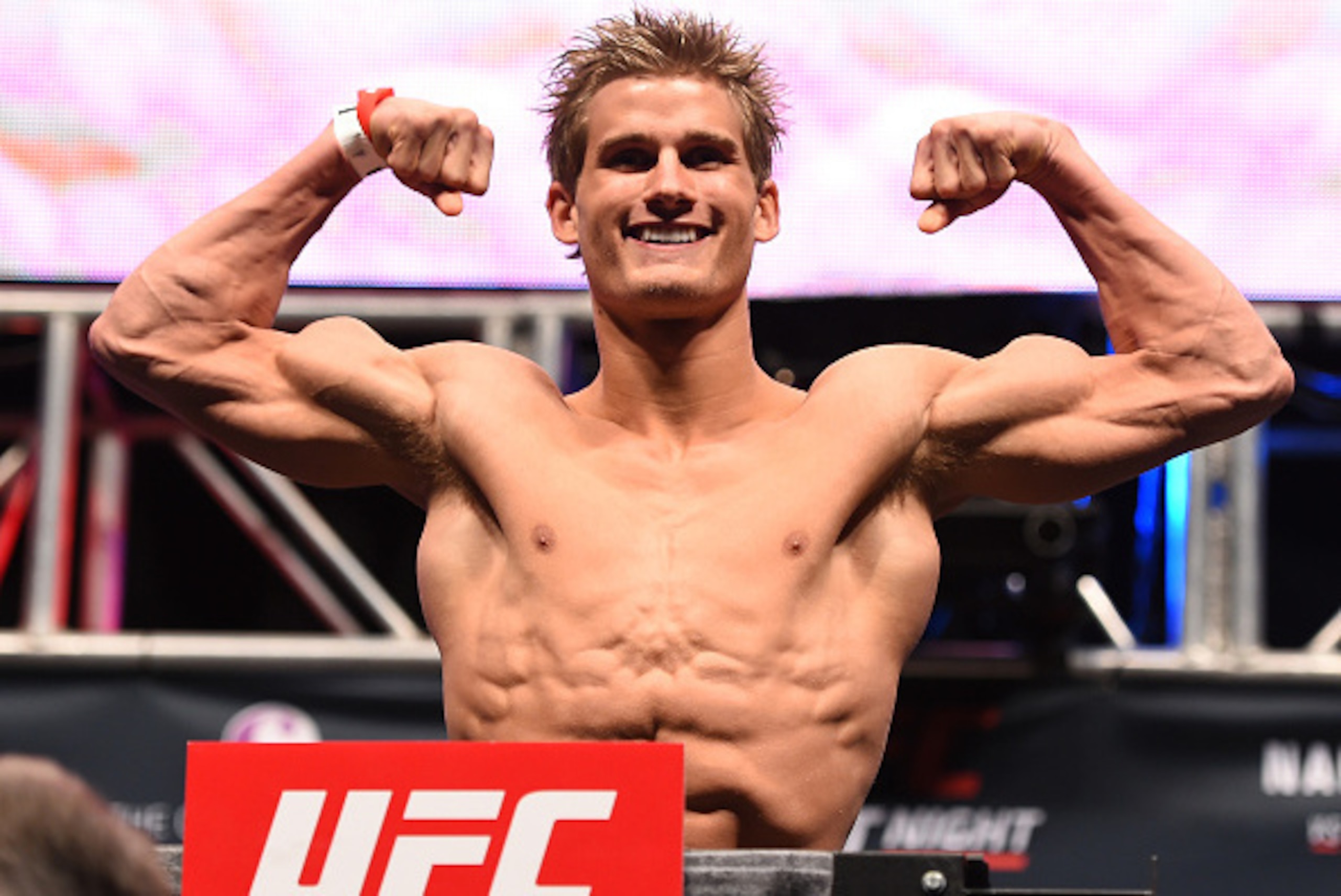 LAS VEGAS, NV - DECEMBER 09:  Sage Northcutt weighs in during the UFC Fight Night weigh-in inside MGM Grand Garden Arena on December 9, 2015 in Las Vegas, Nevada.  (Photo by Josh Hedges/Zuffa LLC/Zuffa LLC via Getty Images)