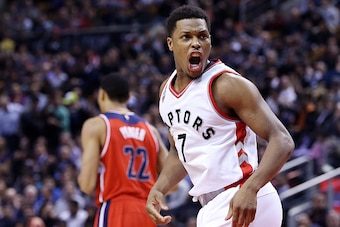TORONTO, ON - JANUARY 26:  Kyle Lowry #7 of  the Toronto Raptors talks to the referee during an NBA game against the Washington Wizards at the Air Canada Centre on January 26, 2015 in Toronto, Ontario, Canada.  NOTE TO USER: User expressly acknowledges an