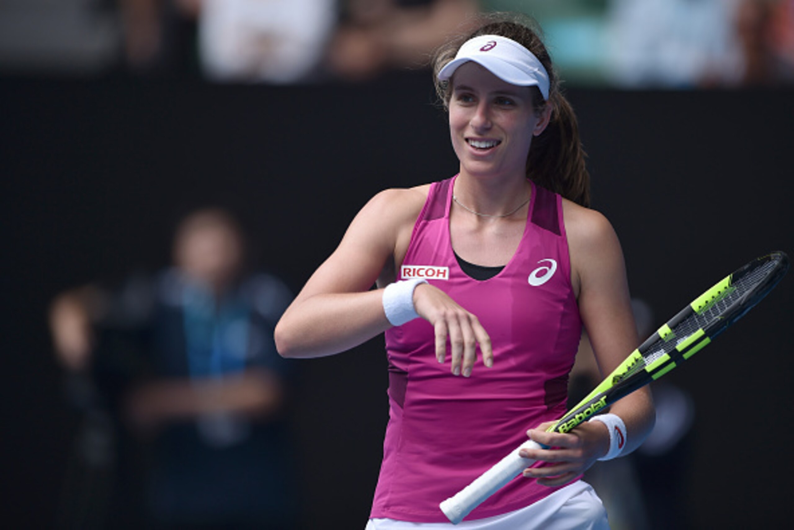 Britain's Johanna Konta gestures during her women's singles match against China's Zhang Shuai on day ten of the 2016 Australian Open tennis tournament in Melbourne on January 27, 2016. AFP PHOTO / PETER PARKS-- IMAGE RESTRICTED TO EDITORIAL USE - STRICTLY