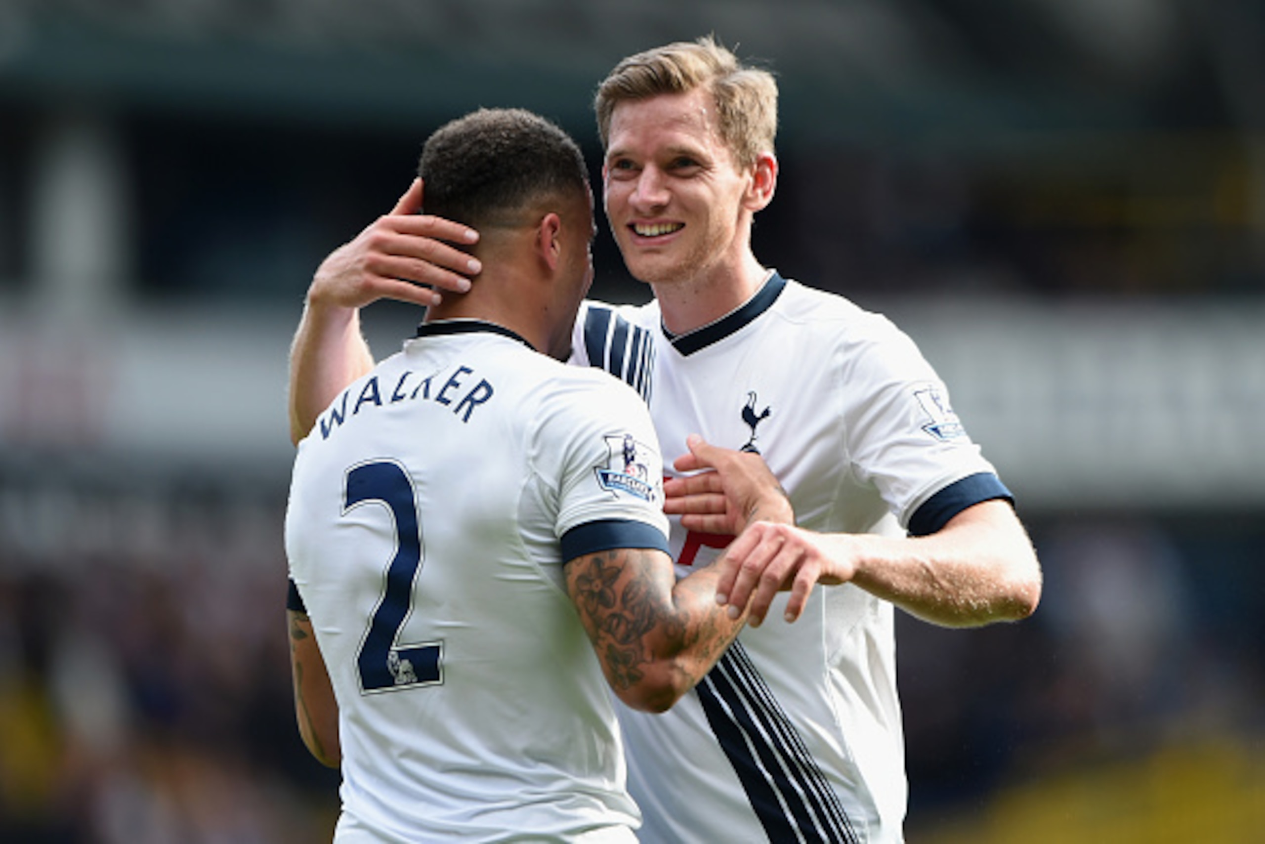 LONDON, ENGLAND - SEPTEMBER 26: Jan Vertonghen (R) and Kyle Walker (L) of Tottenham Hotspur celebrate their team's 4-1 win in the Barclays Premier League match between Tottenham Hotspur and Manchester City at White Hart Lane on September 26, 2015 in Londo
