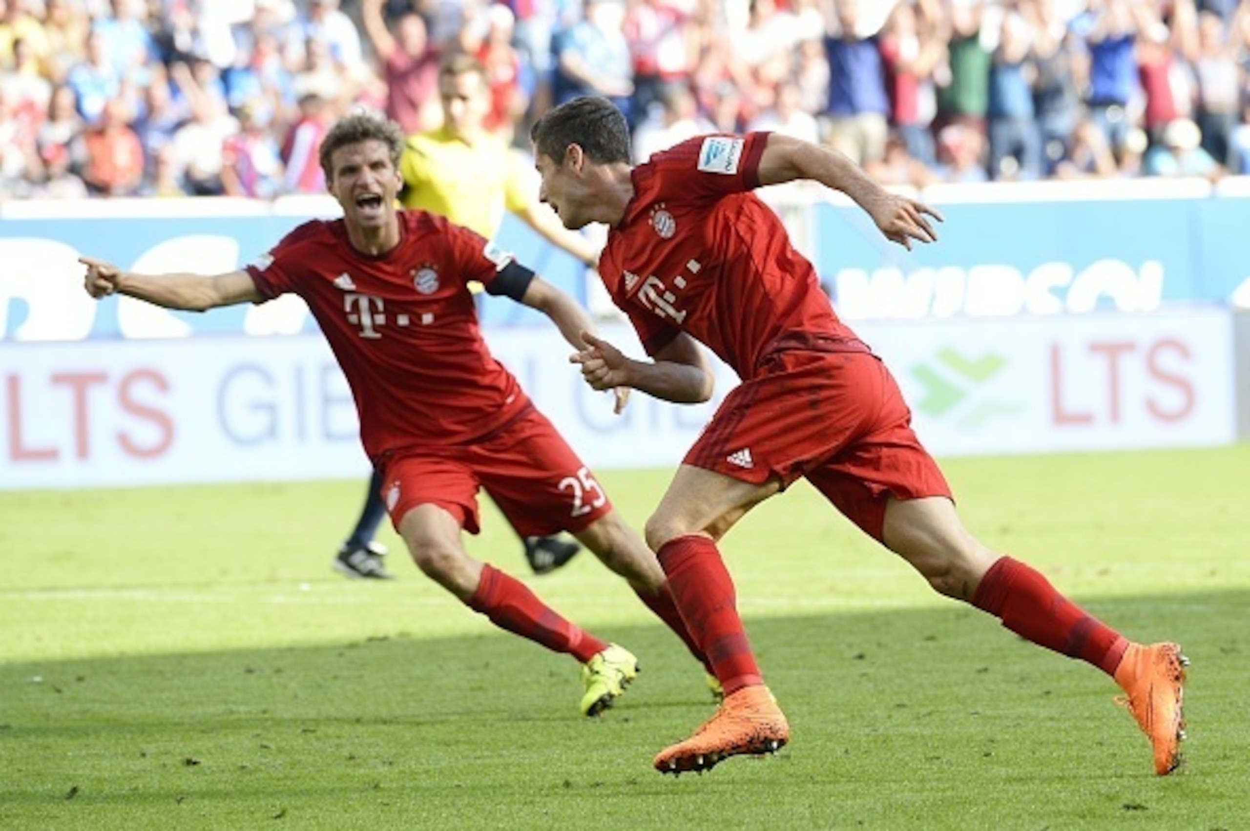 Bayern Munich's Polish forward Robert Lewandowski (R) celebrates after he scored the winning goal during the German first division Bundesliga football match 1899 Hoffenheim vs FC Bayern Munich, on August 22, 2015 in Sinsheim, southwestern Germany. Bayern 