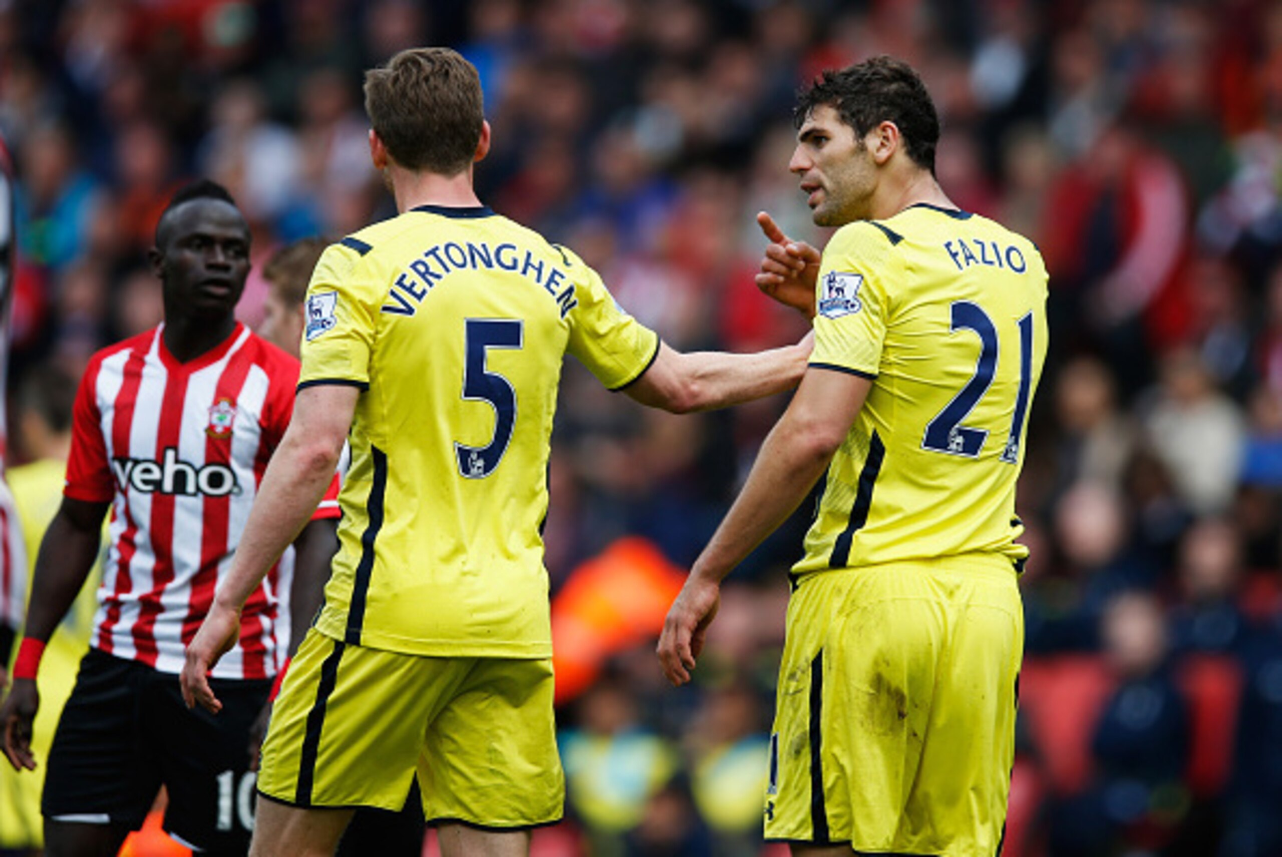 SOUTHAMPTON, ENGLAND - APRIL 25:  Team mates Jan Vertonghen (5) and Federico Fazio of Spurs (21) argue during the Barclays Premier League match between Southampton and Tottenham Hotspur at St Mary's Stadium on April 25, 2015 in Southampton, England.  (Pho
