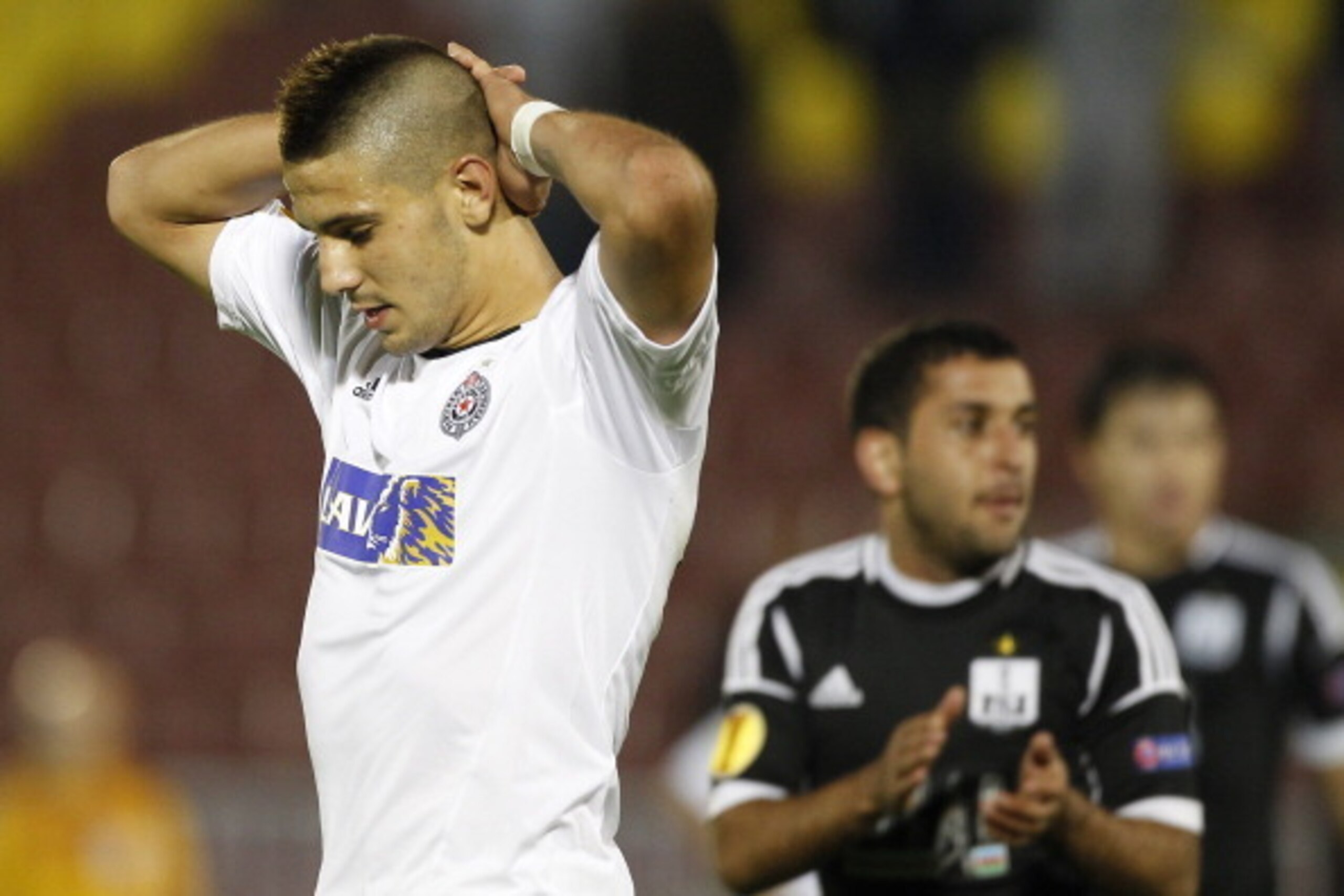 BELGRADE, SERBIA - SEPTEMBER 20: Aleksandar Mitrovic of FC Partiza reacts during the UEFA Europa League Group H match between FC Partizan and FC Neftci at Partizan stadium September 20, 2012 in Belgrade, Serbia. (Photo by Srdjan Stevanovic/Getty Images)