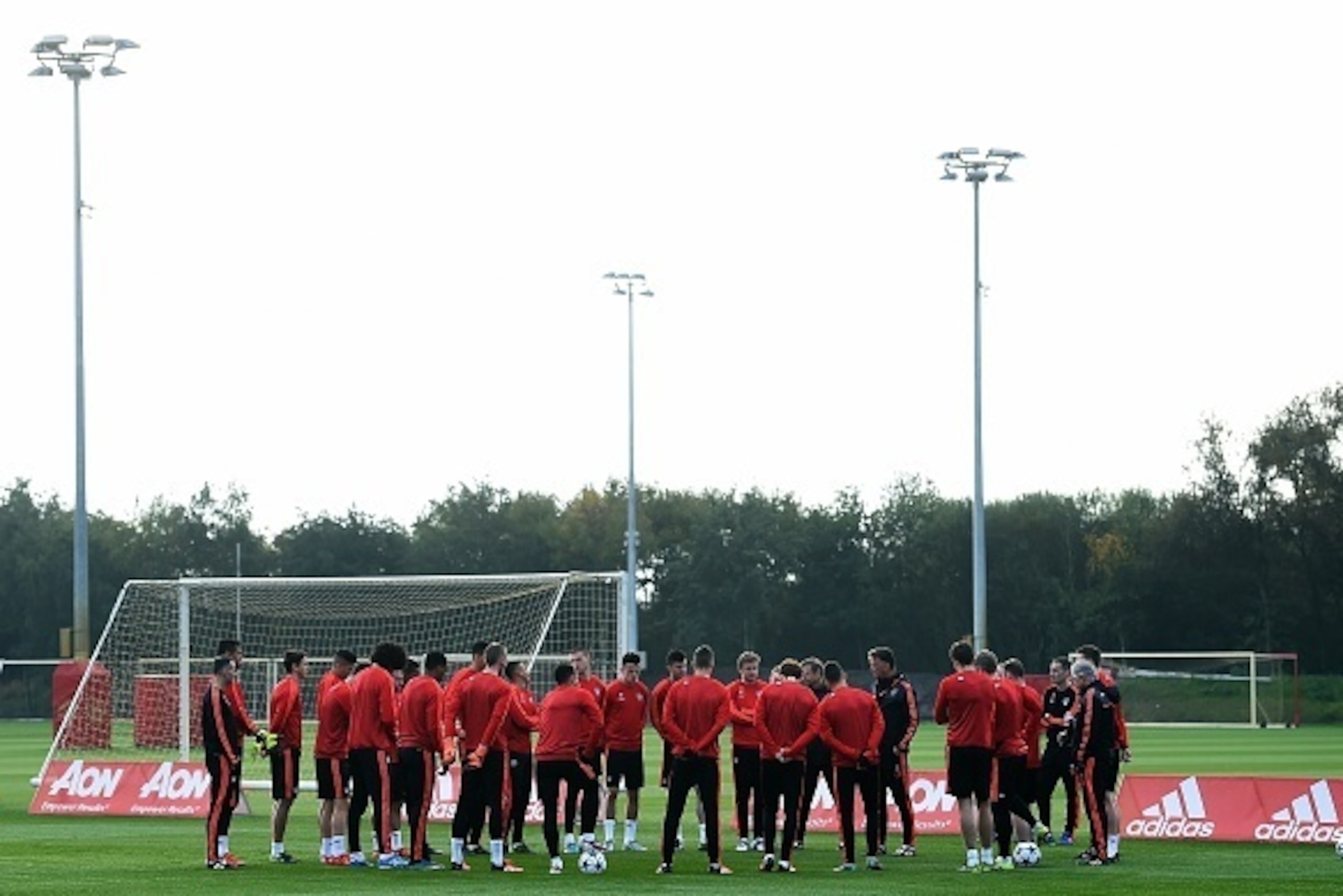 Manchester United players take part in a training session at their Carrington facility in Manchester, north west England on October 20, 2015 ahead of their UEFA Champions League football match against CSKA Moscow on October 21. AFP PHOTO / PAUL ELLIS     