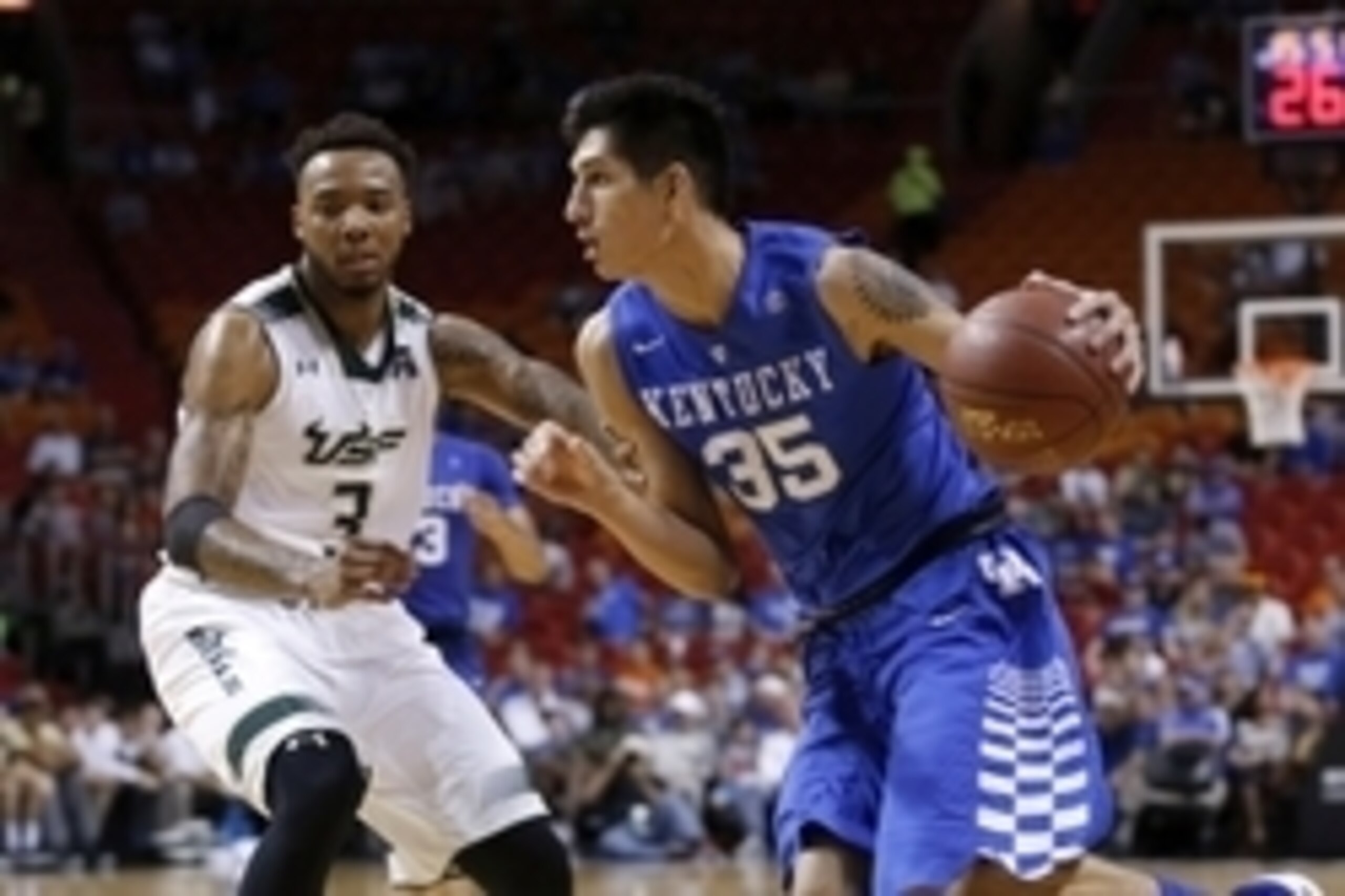 Nov 27, 2015; Miami, FL, USA; South Florida Bulls guard Roddy Peters (3) applies pressure to Kentucky Wildcats forward Derek Willis (35) during the second half at American Airlines Arena. Mandatory Credit: Steve Mitchell-USA TODAY Sports Nov 27, 2015; Miami, FL, USA; South Florida Bulls guard Roddy Peters (3) applies pressure to Kentucky Wildcats forward Derek Willis (35) during the second half at American Airlines Arena. Mandatory Credit: Steve Mitchell-USA TODAY Sports