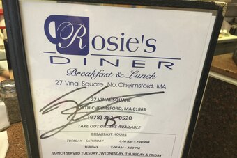 Jack Eichel's signature on a Rosie's Diner menu.