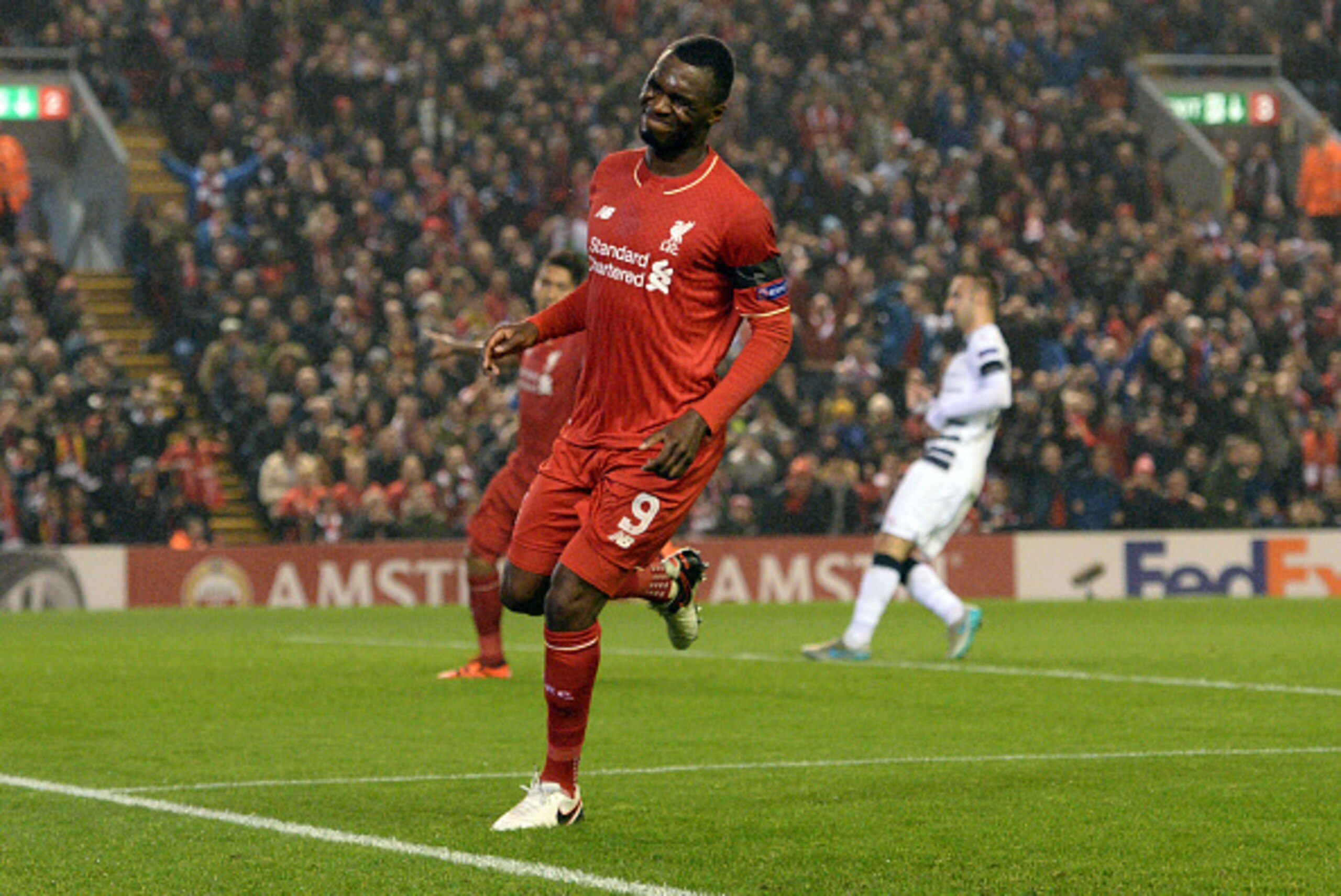 Liverpool's Zaire-born Belgian striker Christian Benteke reacts after being judged offside after scoring during a UEFA Europa League group B football match between Liverpool and Bordeaux at Anfield in Liverpool, north west England, on November 26, 2015. A