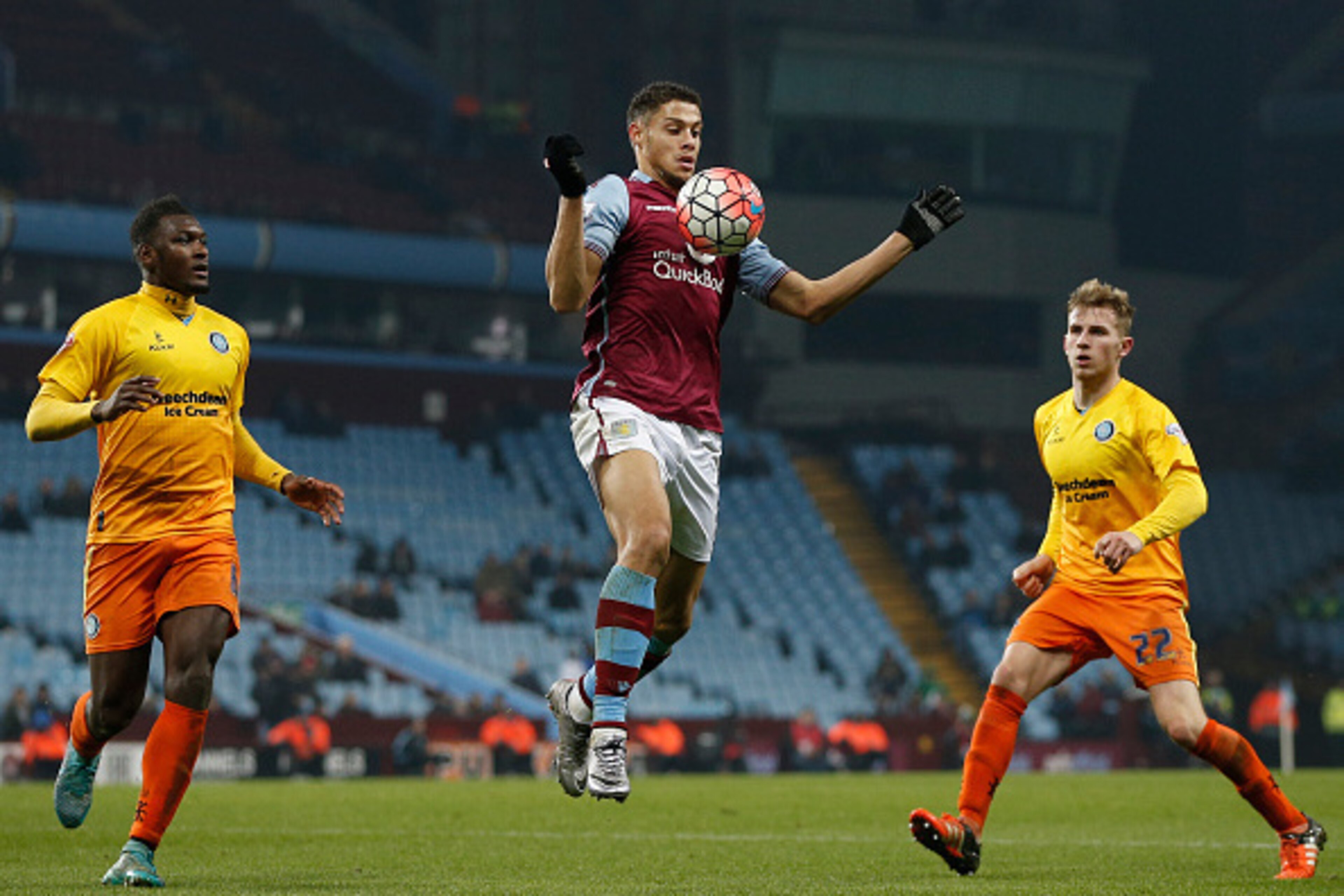 Aston Villa's French-born Beninese striker Rudy Gestede (C) controls the ball during the English FA Cup third round replay football match between Aston Villa and Wycombe Wanderers at Villa Park in Birmingham, central England on January 19, 2016. Aston Vil