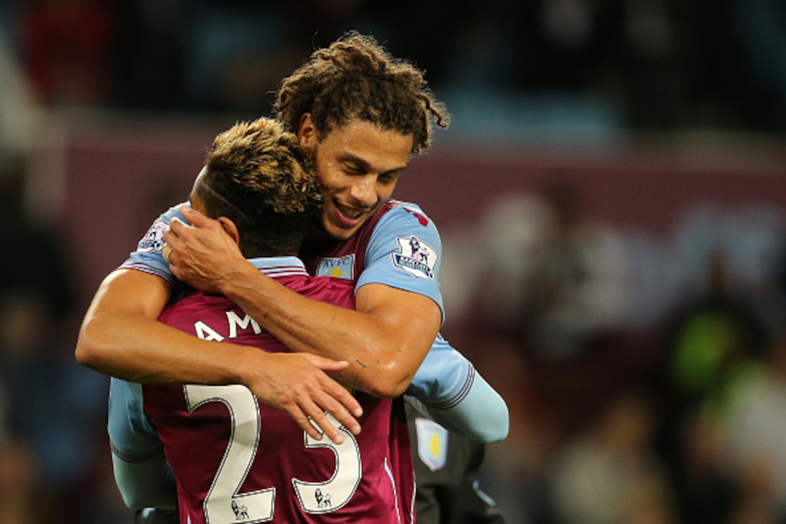 BIRMINGHAM, ENGLAND - SEPTEMBER 22:  Scorer of the winning goal Rudy Gestede of Aston Villa celebrates victory at the end of the game with Jordan Amavi during the Capital One Cup Third Round match between Aston Villa and Birmingham City at Villa Park on S