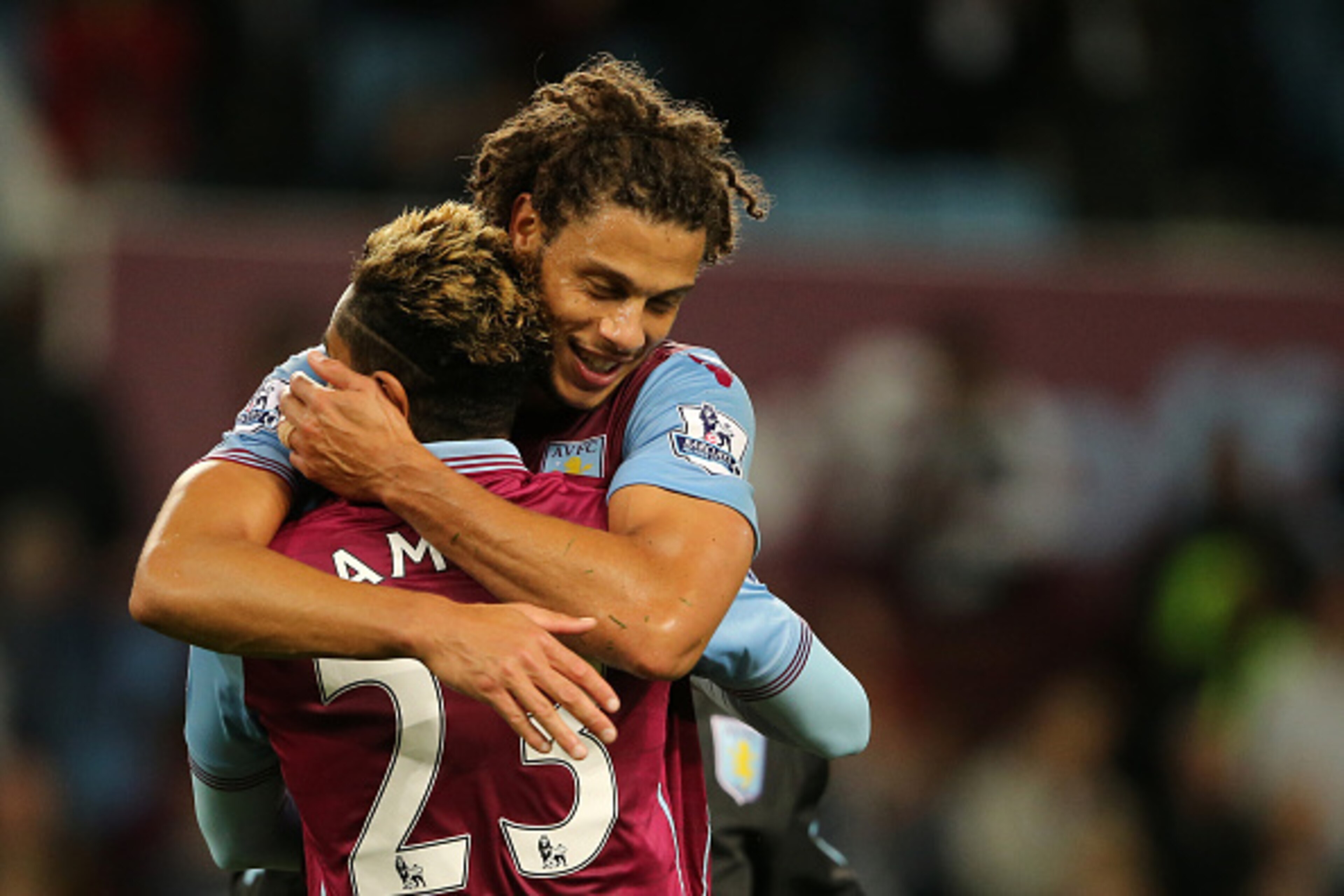 BIRMINGHAM, ENGLAND - SEPTEMBER 22:  Scorer of the winning goal Rudy Gestede of Aston Villa celebrates victory at the end of the game with Jordan Amavi during the Capital One Cup Third Round match between Aston Villa and Birmingham City at Villa Park on S