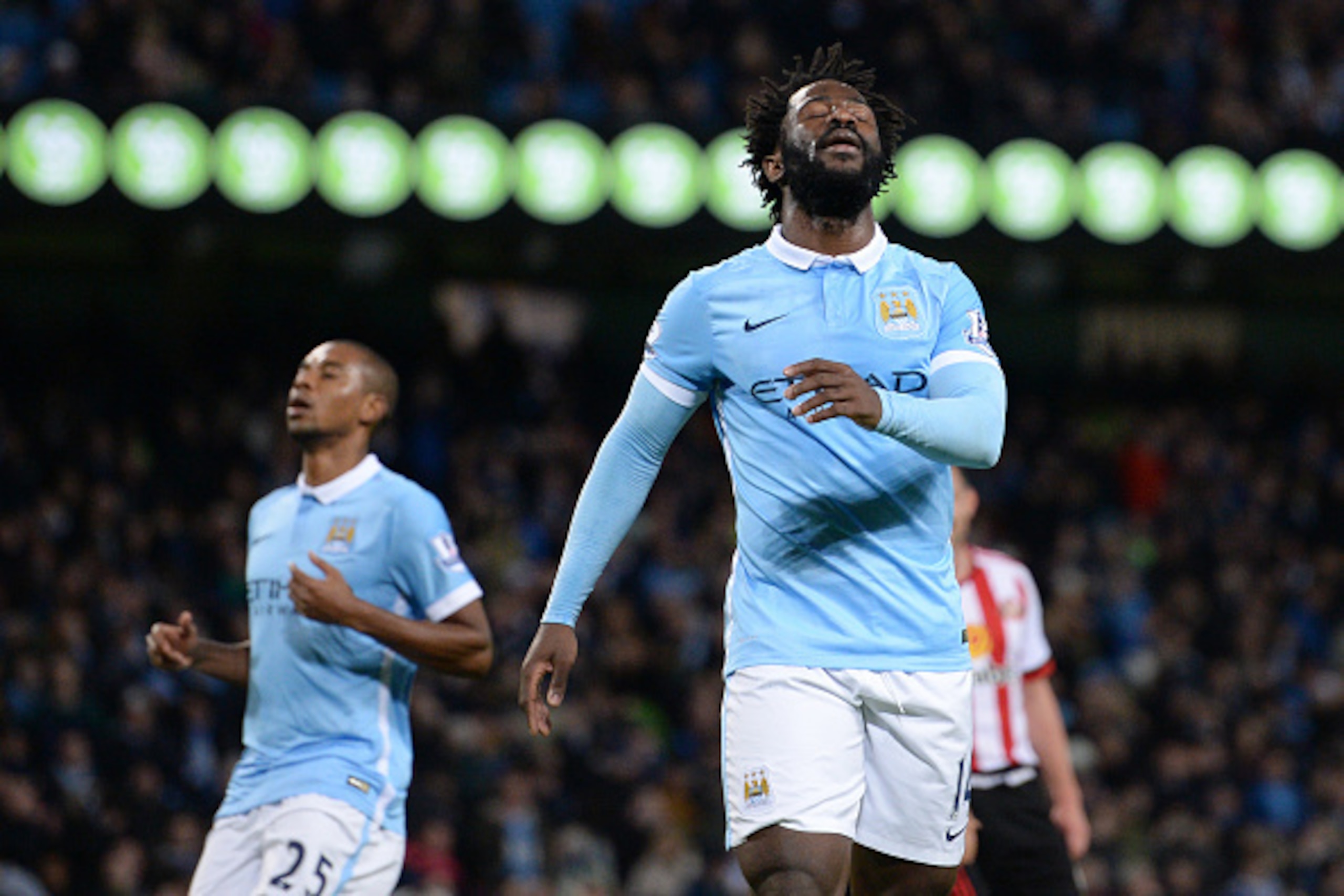 Manchester City's Ivorian striker Wilfried Bony reacts after missing an attempt from the penalty spot during the English Premier League football match between Manchester City and Sunderland at The Etihad stadium in Manchester, north west England on Decemb