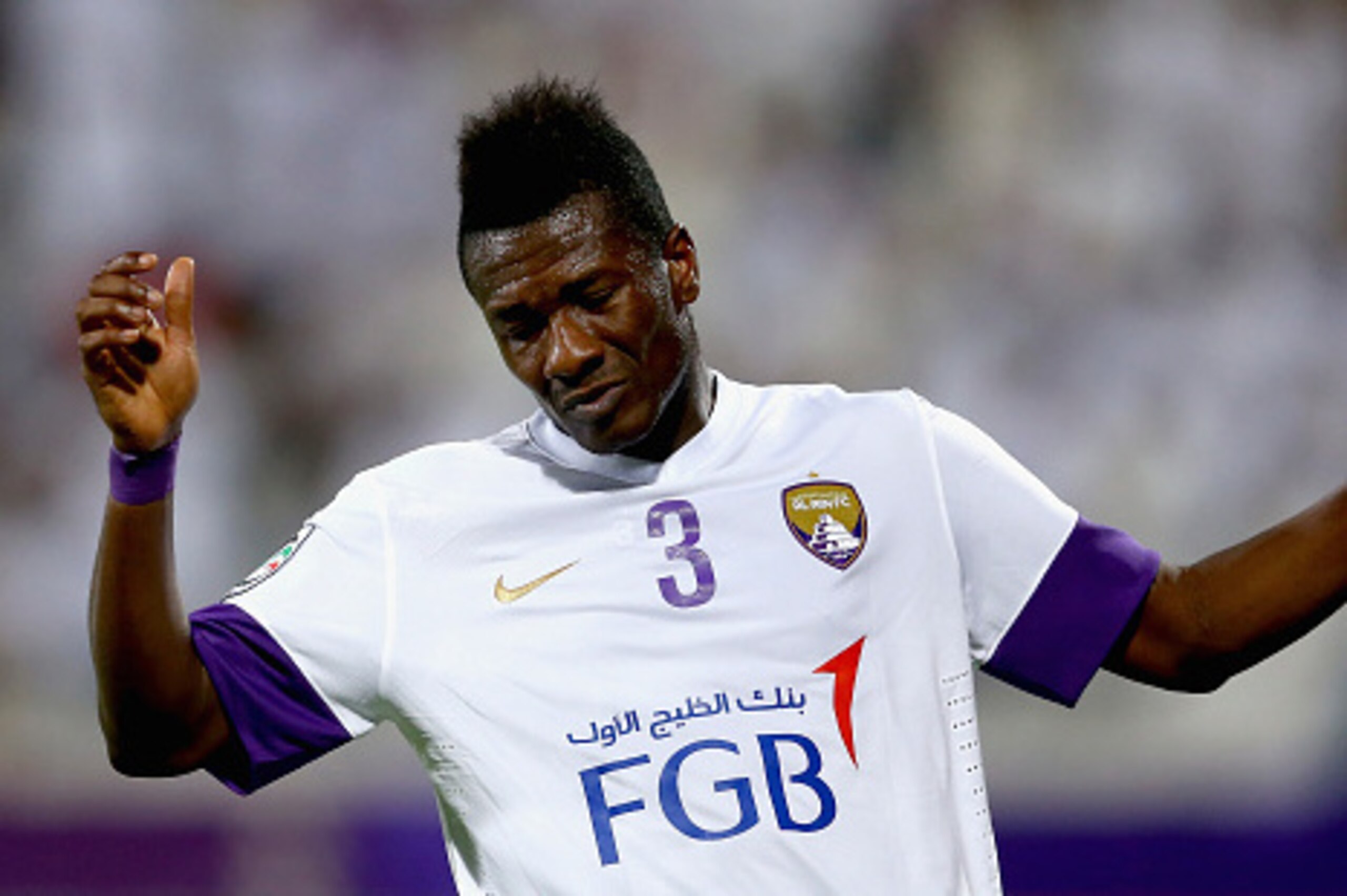 DUBAI, UNITED ARAB EMIRATES - MAY 23: Asamoah Gyan of Al Aain reacts after having his shot at goal saved during the Presidents Cup Quarter Final match between Al Ain and Al Nasr at Al Maktoum Stadium on May 23, 2015 in Dubai, United Arab Emirates.  (Photo