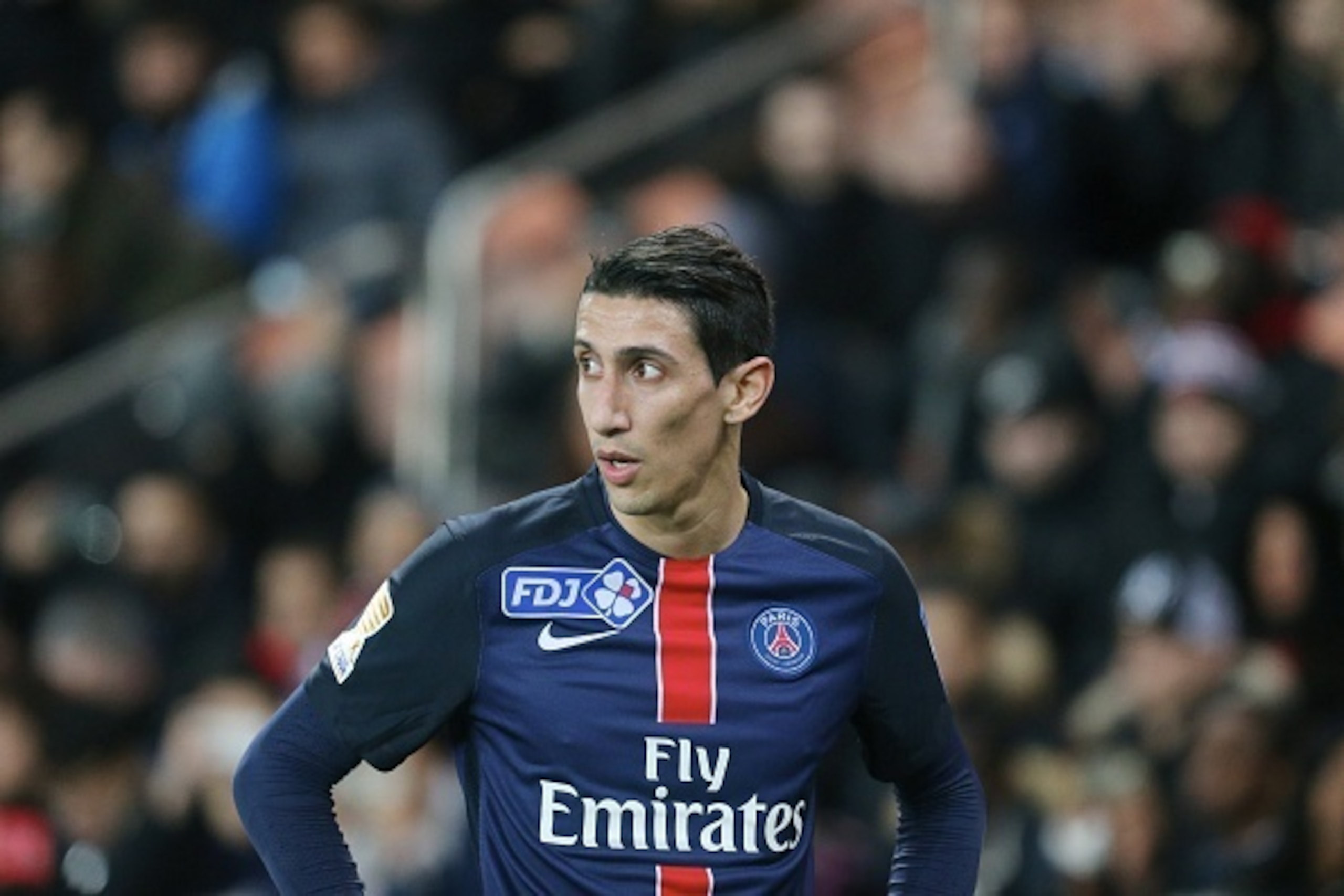 PARIS, FRANCE - JANUARY 27:  Angel Di Maria of Paris Saint-Germain reacts during the French   League Cup semi-final between Paris Saint-Germain and Toulouse FC at Parc Des Princes on january 27, 2016 in Paris, France.  (Photo by Xavier Laine/Getty Images)
