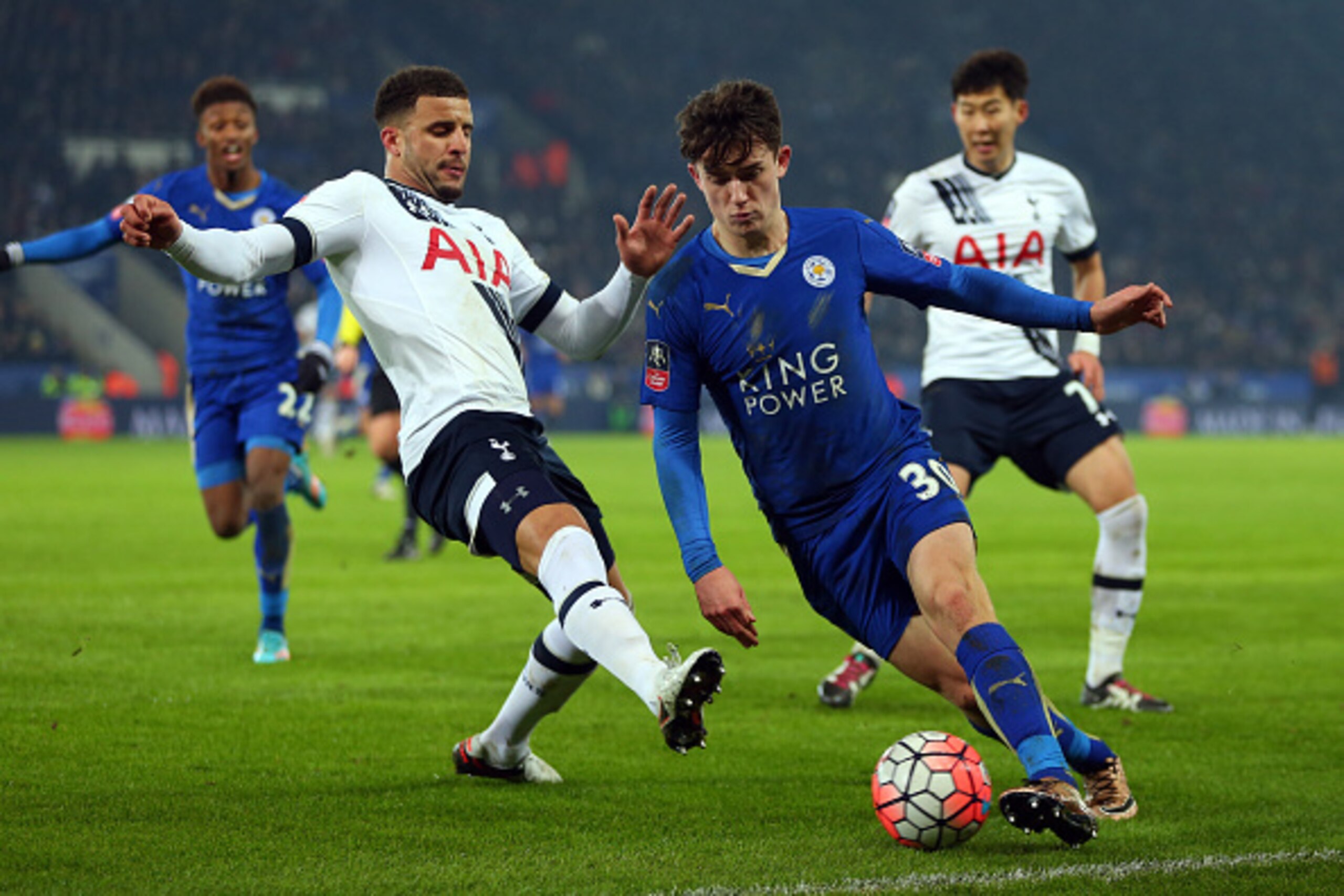 LEICESTER, ENGLAND - JANUARY 20 :  Kyle Walker of Tottenham Hotspur and Ben Chilwell of Leicester City during the Emirates FA Cup match between Leicester City and Tottenham Hotspur at King Power Stadium on January 20, 2016 in Leicester, England.  (Photo b