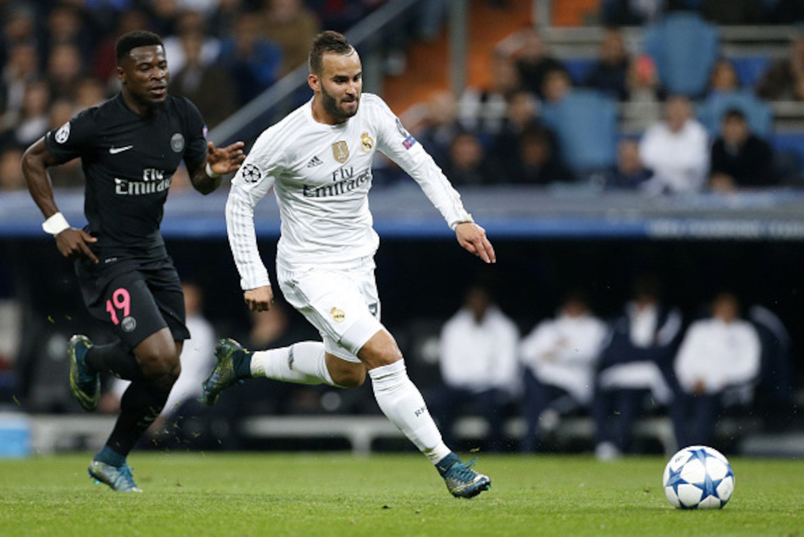 MADRID, SPAIN - NOVEMBER 3: Serge Aurier of PSG and Jese of Real Madrid in action during the UEFA Champions League match between Real Madrid and Paris Saint-Germain (PSG) at Santiago Bernabeu stadium on November 3, 2015 in Madrid, Spain. (Photo by Jean Ca