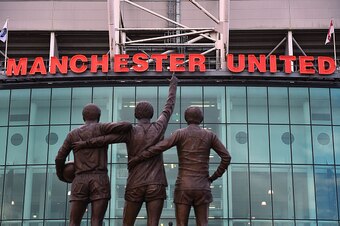 MANCHESTER, ENGLAND - OCTOBER 26:  General View of the statues of George Best, Denis Law and Sir Bobby Charlton prior to the Barclays Premier League match between Manchester United and Chelsea at Old Trafford on October 26, 2014 in Manchester, England.  (