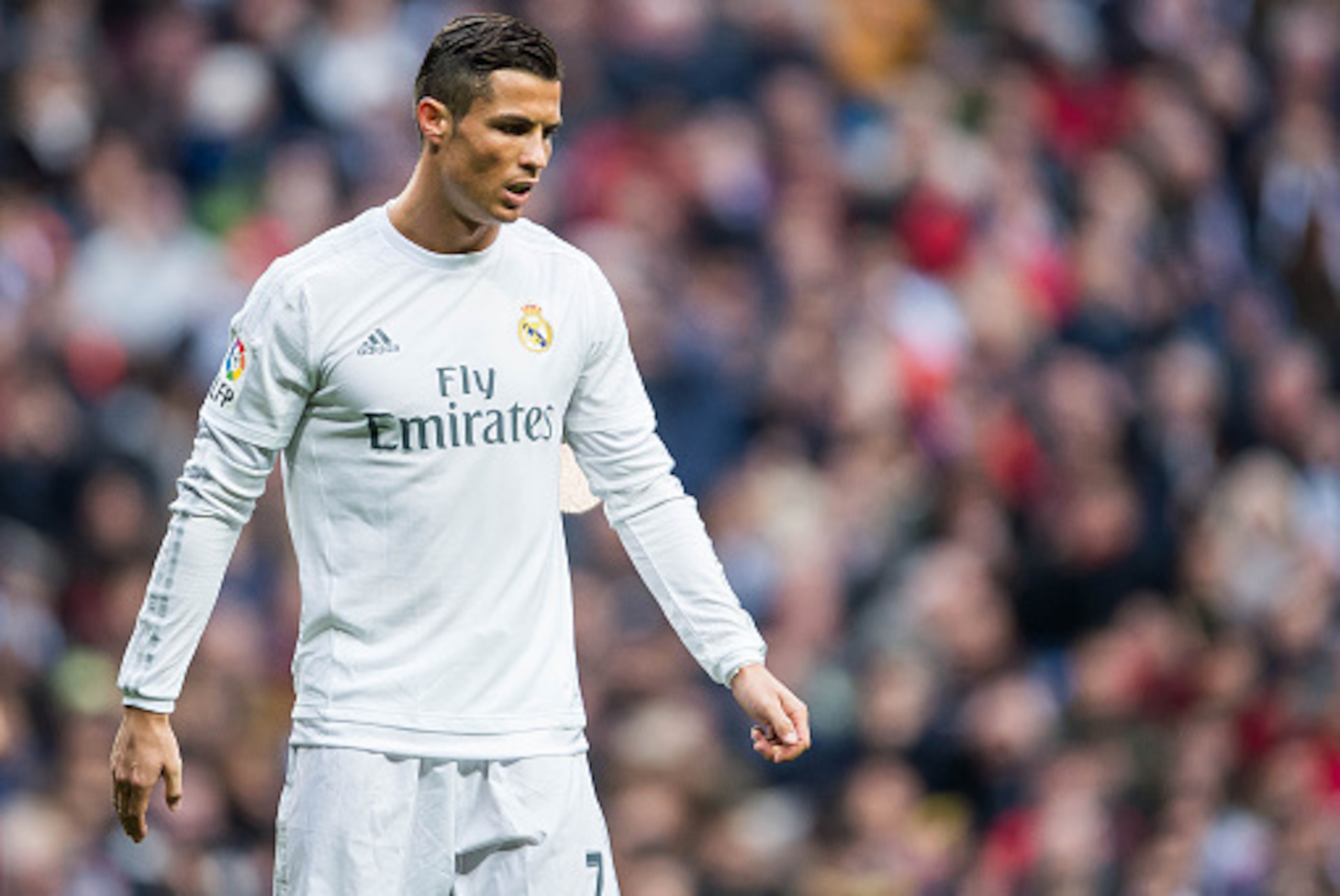 MADRID, SPAIN - DECEMBER 30:  Cristiano Ronaldo of Real Madrid CF looks on during the Real Madrid CF vs Real Sociedad match as part of the Liga BBVA 2015-2016 at the Estadio Santiago Bernabeu on December 30, 2015 in Madrid, Spain.  (Photo by Aitor Alcalde