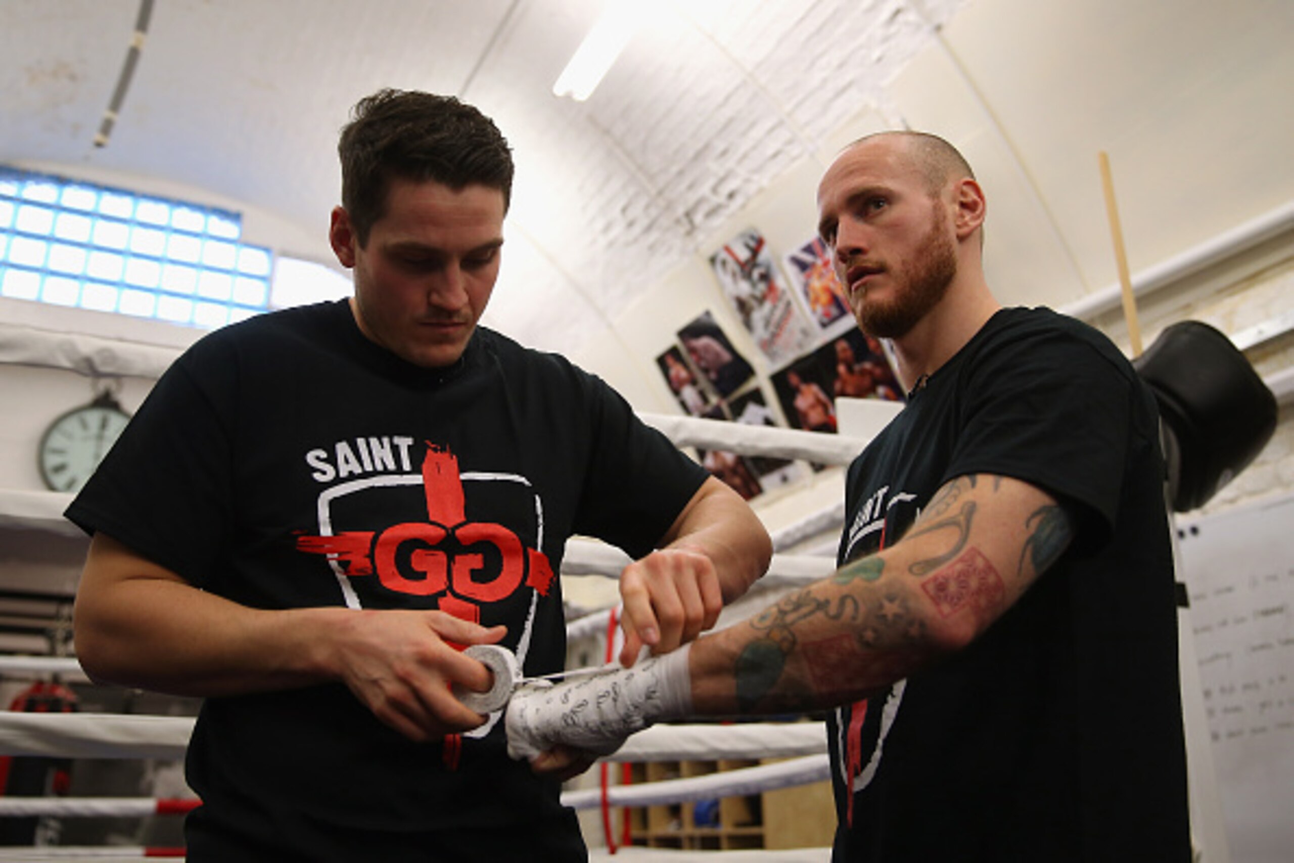 LONDON, ENGLAND - JANUARY 26:  George Groves prepares to work out with new coach Shane McGuigan during a media workout ahead of his clash with Andrea di Luisa  in Hammersmith on January 26, 2016 in London, England.  (Photo by Bryn Lennon/Getty Images)