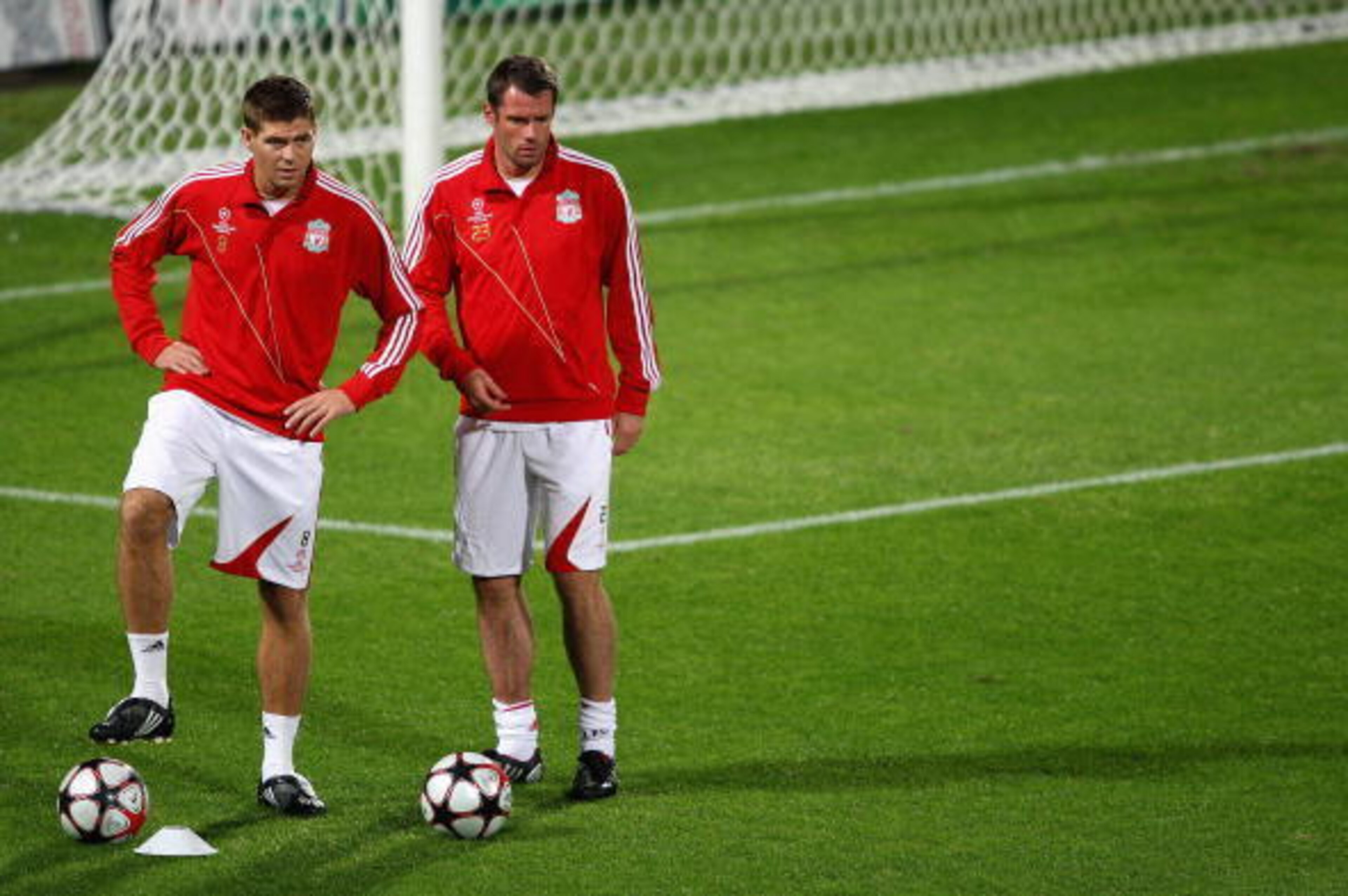 FLORENCE, ITALY - SEPTEMBER 28:   Steven Gerrard and Jamie Carragher of Liverpool during a training session prior to the UEFA Champions League Group E match between Fiorentina and Liverpool at the Stadio Artemio Franchi stadium on September 28, 2009 in Fl
