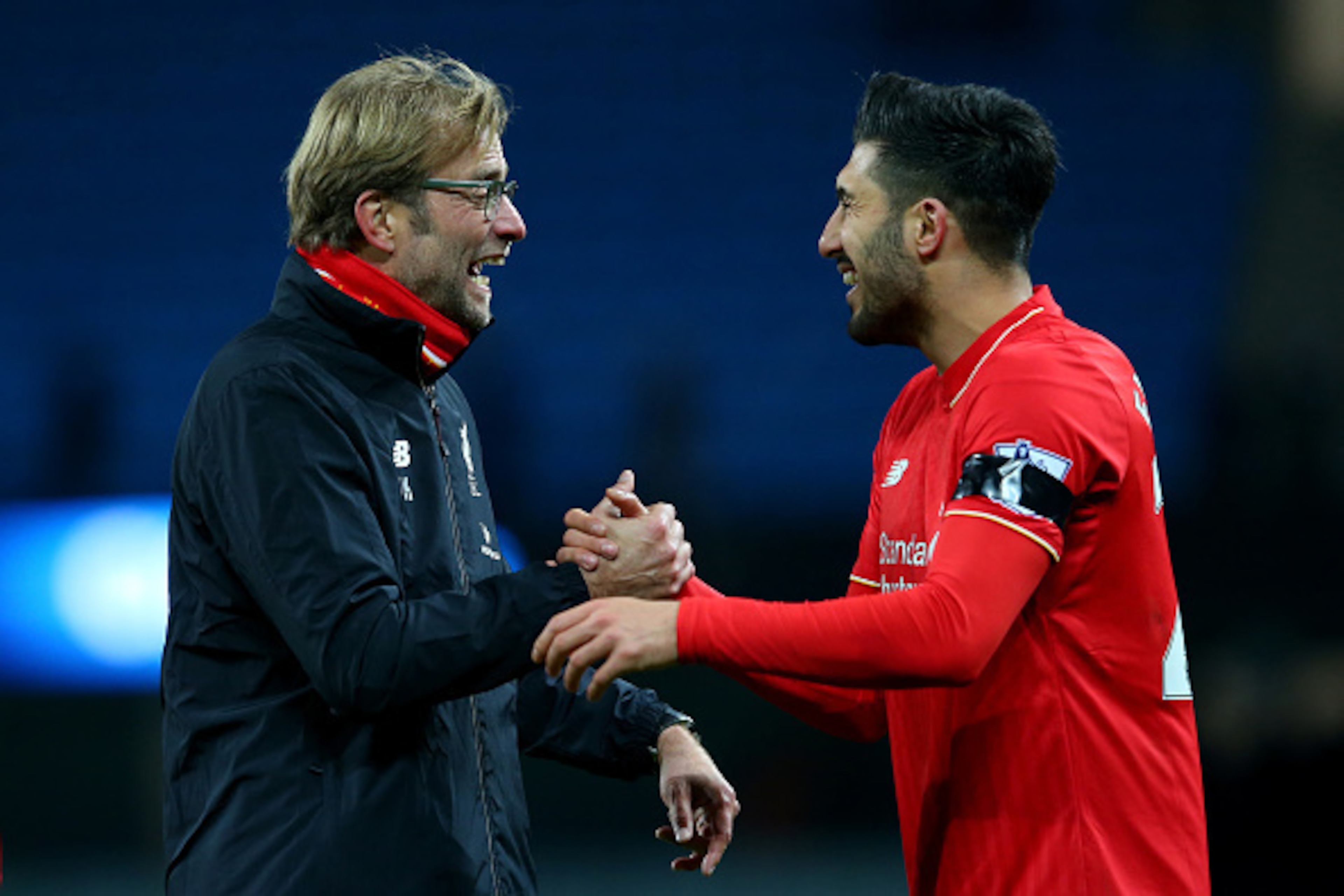 MANCHESTER, ENGLAND - NOVEMBER 21:  Jurgen Klopp (L), manager of Liverpool and Emre Can (R) celebrate their 4-1 win in the Barclays Premier League match between Manchester City and Liverpool at Etihad Stadium on November 21, 2015 in Manchester, England.  