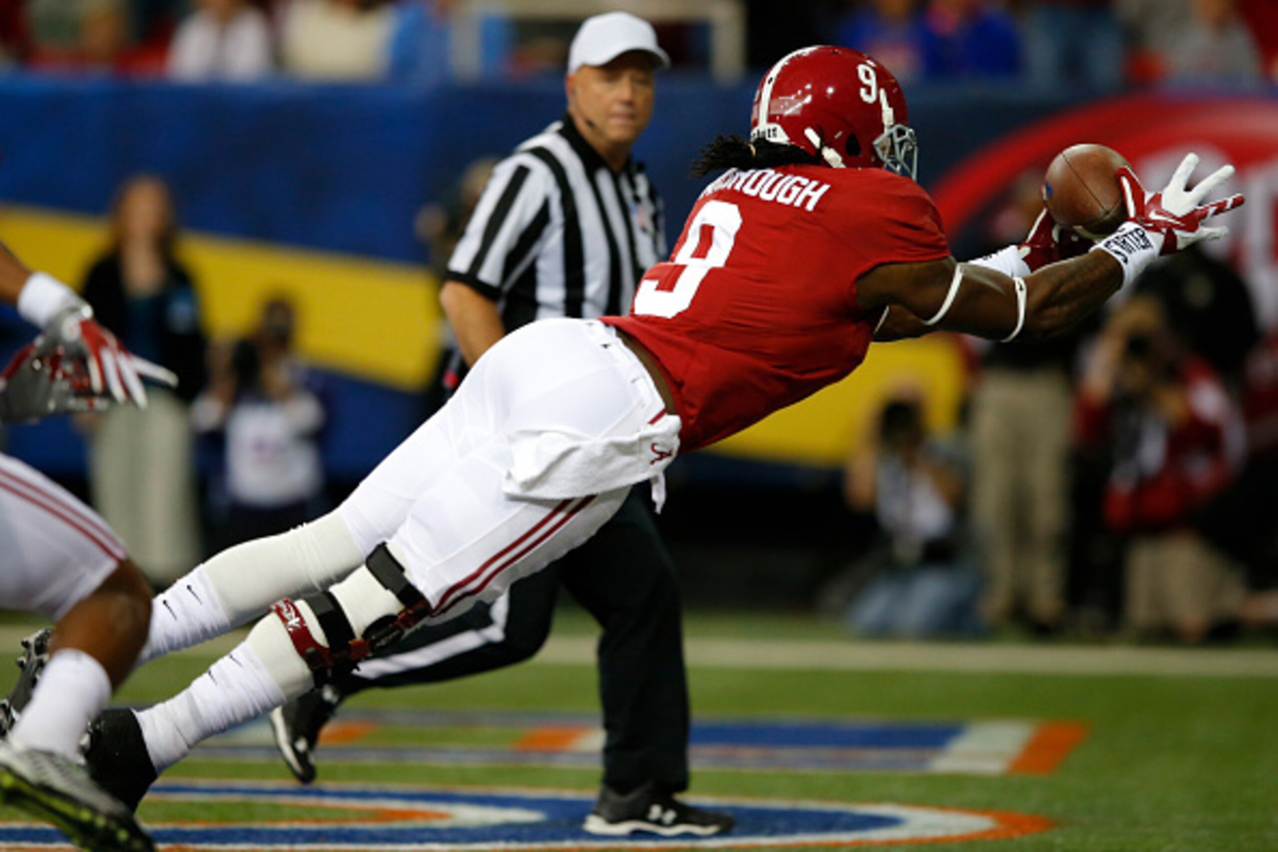 ATLANTA, GA - DECEMBER 5: Running back Bo Scarbrough #9 of the Alabama Crimson Tide recovers the ball for a safety against the Florida Gators in the first quarter during the SEC Championship at the Georgia Dome on December 5, 2015 in Atlanta, Georgia. (Ph ATLANTA, GA - DECEMBER 5: Running back Bo Scarbrough #9 of the Alabama Crimson Tide recovers the ball for a safety against the Florida Gators in the first quarter during the SEC Championship at the Georgia Dome on December 5, 2015 in Atlanta, Georgia. (Ph