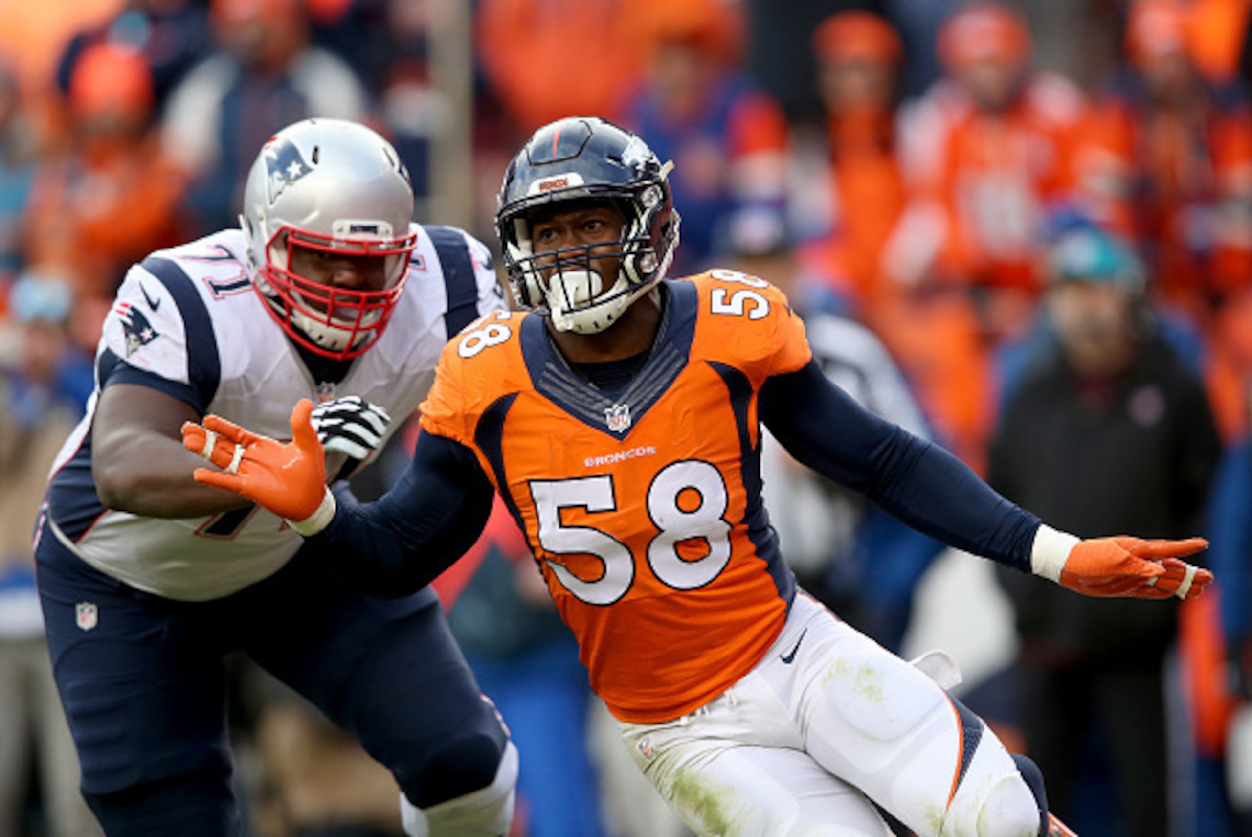 DENVER, CO - JANUARY 24:  Von Miller #58 of the Denver Broncos rushes against Cameron Fleming #71 of the New England Patriots in the second half in the AFC Championship game at Sports Authority Field at Mile High on January 24, 2016 in Denver, Colorado.  