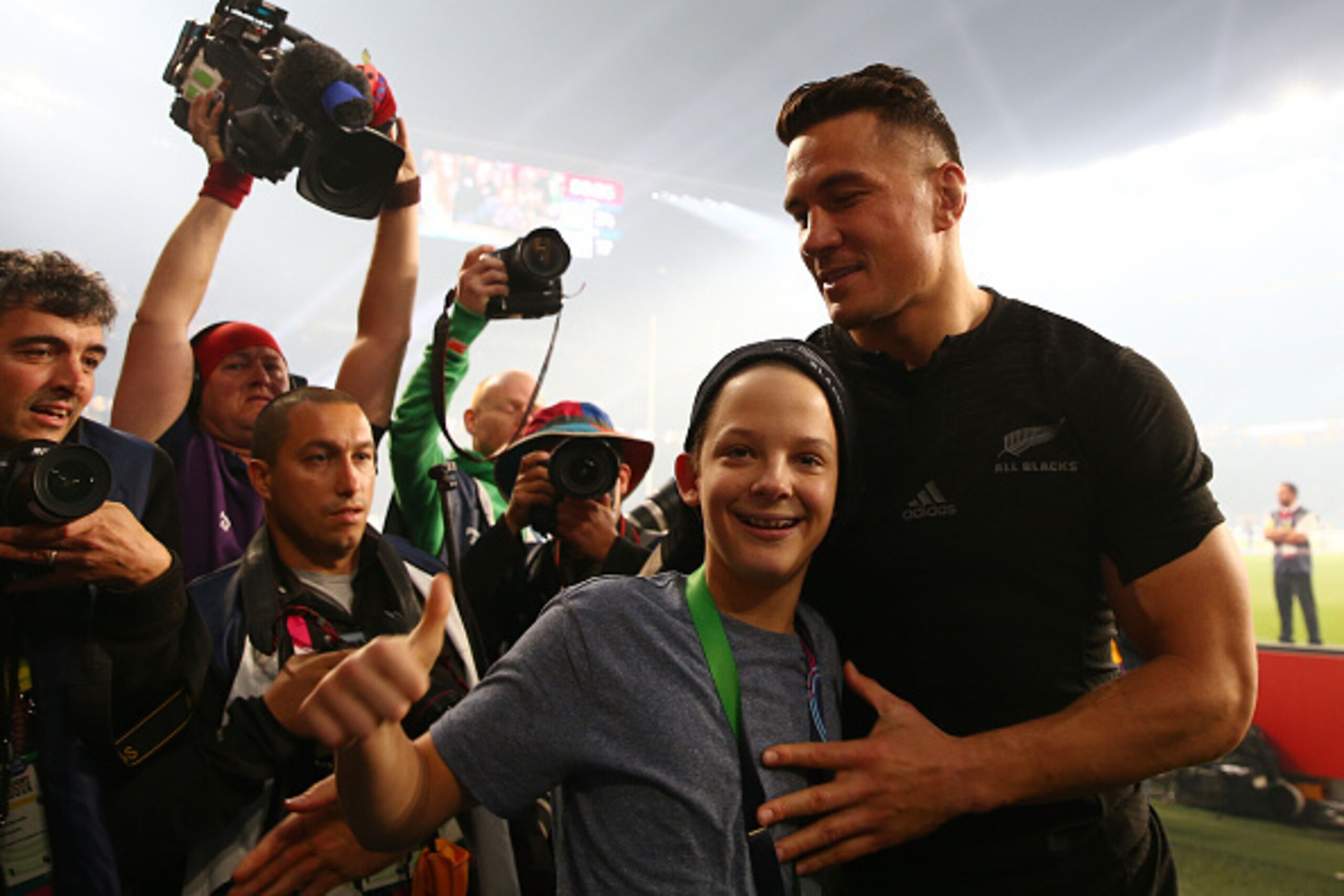 LONDON, ENGLAND - OCTOBER 31:  Young fan Charlie Lines reacts to being presented with the winning medal of Sonny Bill Williams of New Zealand after the 2015 Rugby World Cup Final match between New Zealand and Australia at Twickenham Stadium on October 31,