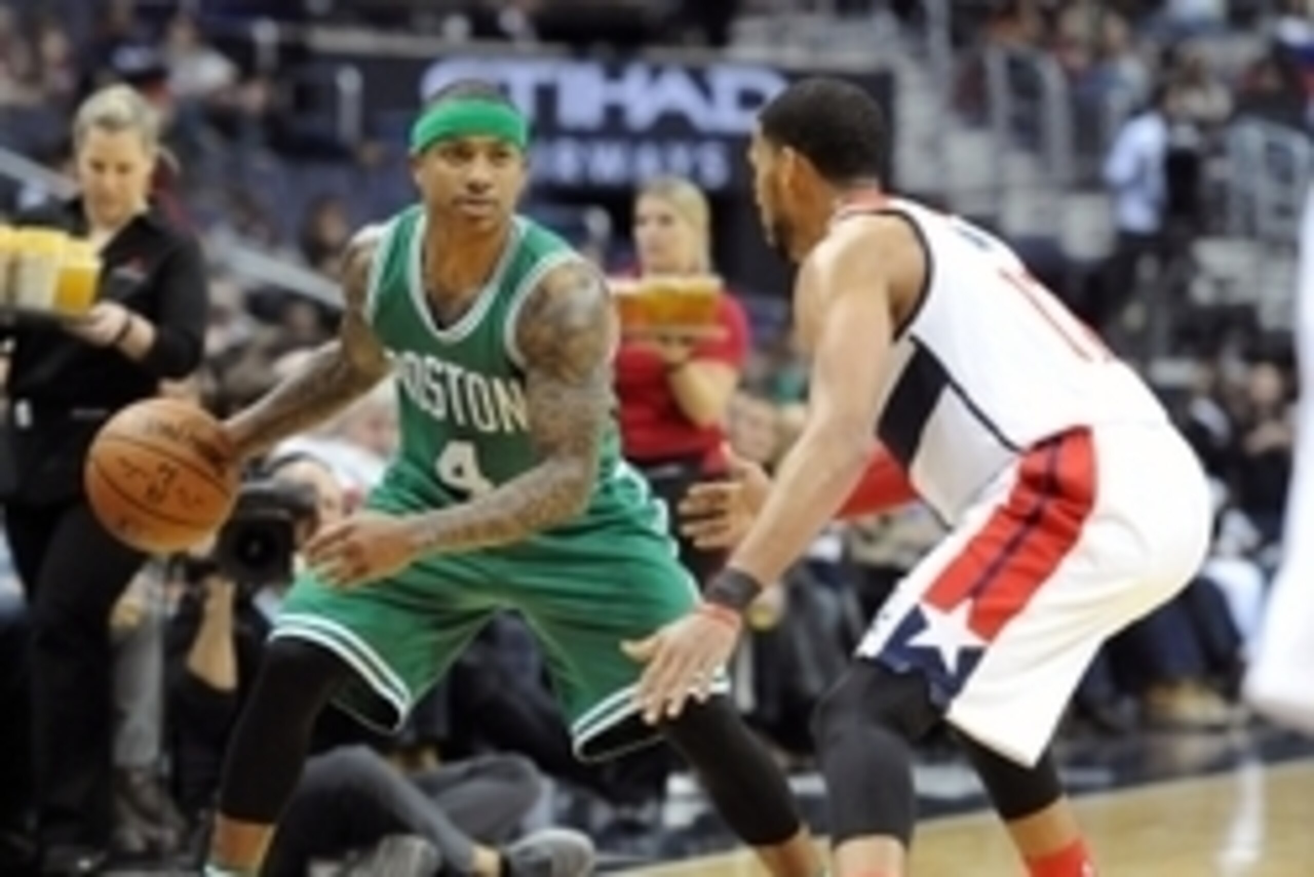Jan 25, 2016; Washington, DC, USA; Boston Celtics guard Isaiah Thomas (4) dribbles as Washington Wizards guard Garrett Temple (17) defends during the second half at Verizon Center. Boston Celtics won 116 - 91. Mandatory Credit: Brad Mills-USA TODAY Sports Jan 25, 2016; Washington, DC, USA; Boston Celtics guard Isaiah Thomas (4) dribbles as Washington Wizards guard Garrett Temple (17) defends during the second half at Verizon Center. Boston Celtics won 116 - 91. Mandatory Credit: Brad Mills-USA TODAY Sports