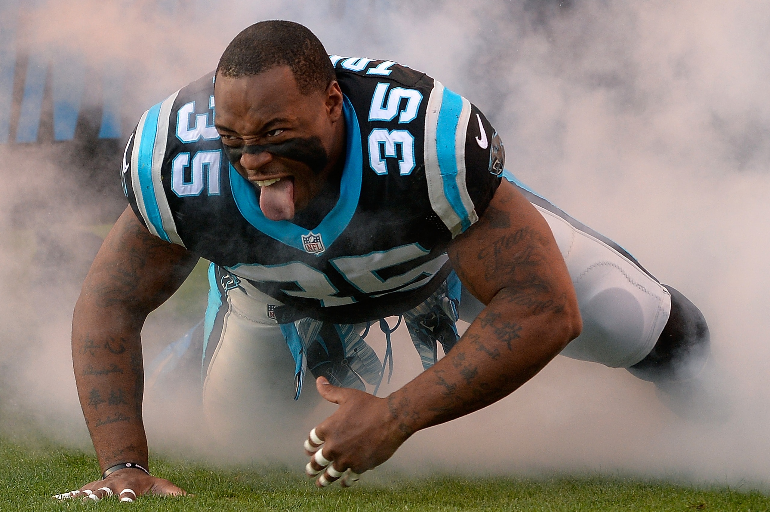 CHARLOTTE, NC - JANUARY 03:  Mike Tolbert #35 of the Carolina Panthers is introduced during their game against the Tampa Bay Buccaneers at Bank of America Stadium on January 3, 2016 in Charlotte, North Carolina.  (Photo by Grant Halverson/Getty Images)