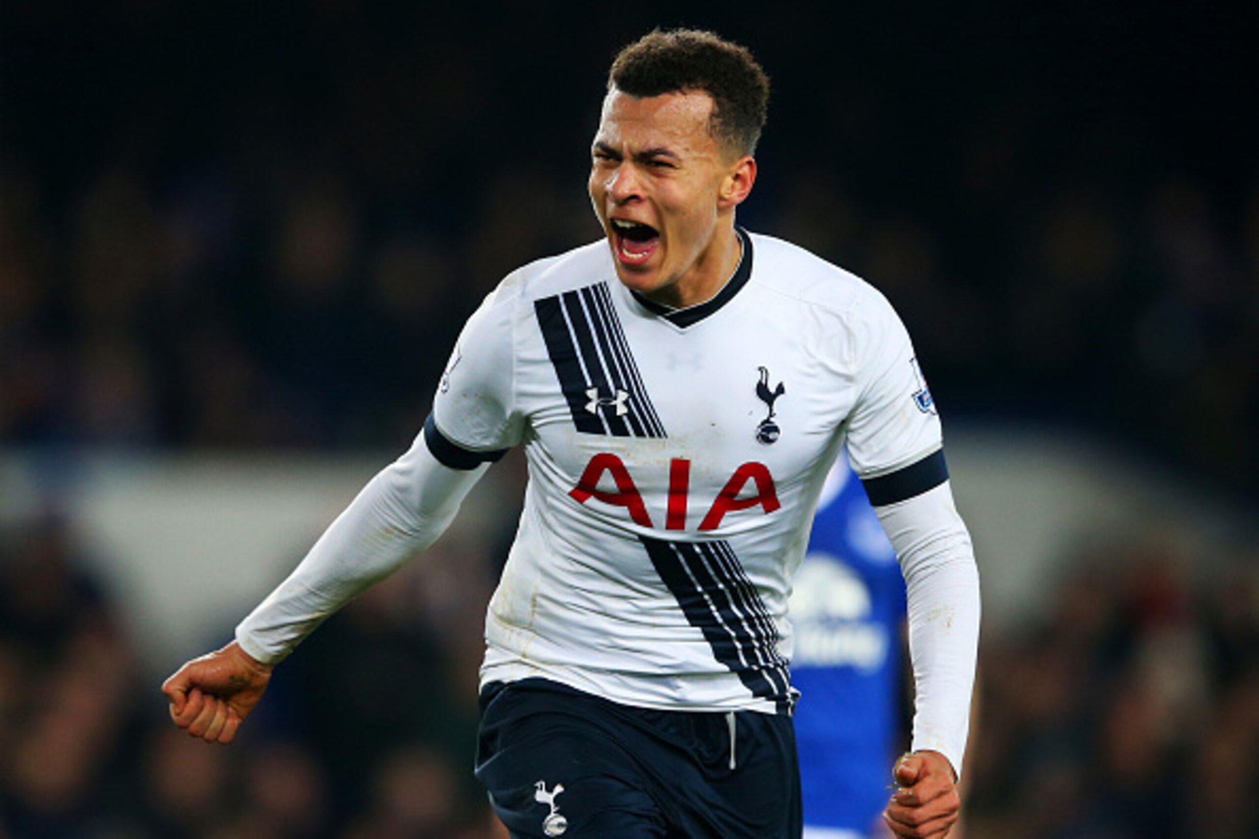 LIVERPOOL, ENGLAND - JANUARY 03: Dele Alli of Tottenham Hotspur celebrates after scoring his team's first goal during the Barclays Premier League match between Everton and Tottenham Hotspur at Goodison Park on January 3, 2016 in Liverpool, England. (Pho LIVERPOOL, ENGLAND - JANUARY 03: Dele Alli of Tottenham Hotspur celebrates after scoring his team's first goal during the Barclays Premier League match between Everton and Tottenham Hotspur at Goodison Park on January 3, 2016 in Liverpool, England. (Pho