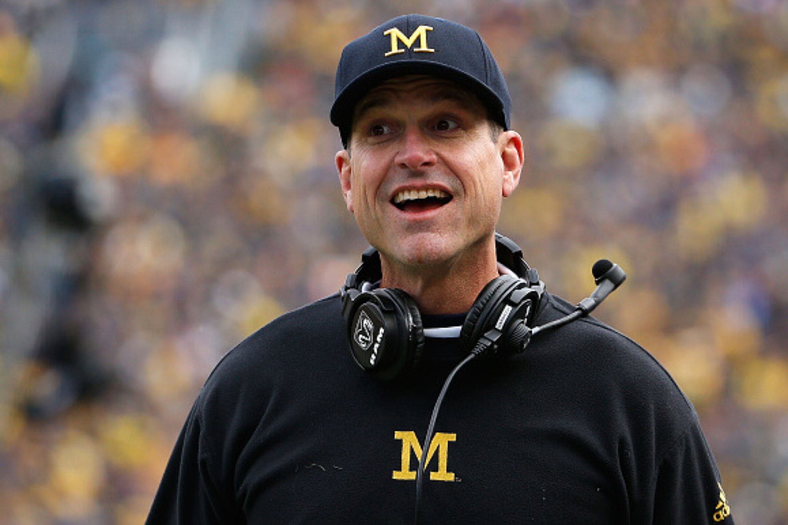 ANN ARBOR, MI - OCTOBER 17:  Head coach Jim Harbaugh of the Michigan Wolverines reacts during the college football game against the Michigan State Spartans at Michigan Stadium on October 17, 2015 in Ann Arbor, Michigan. The Spartans defeated the Wolverine