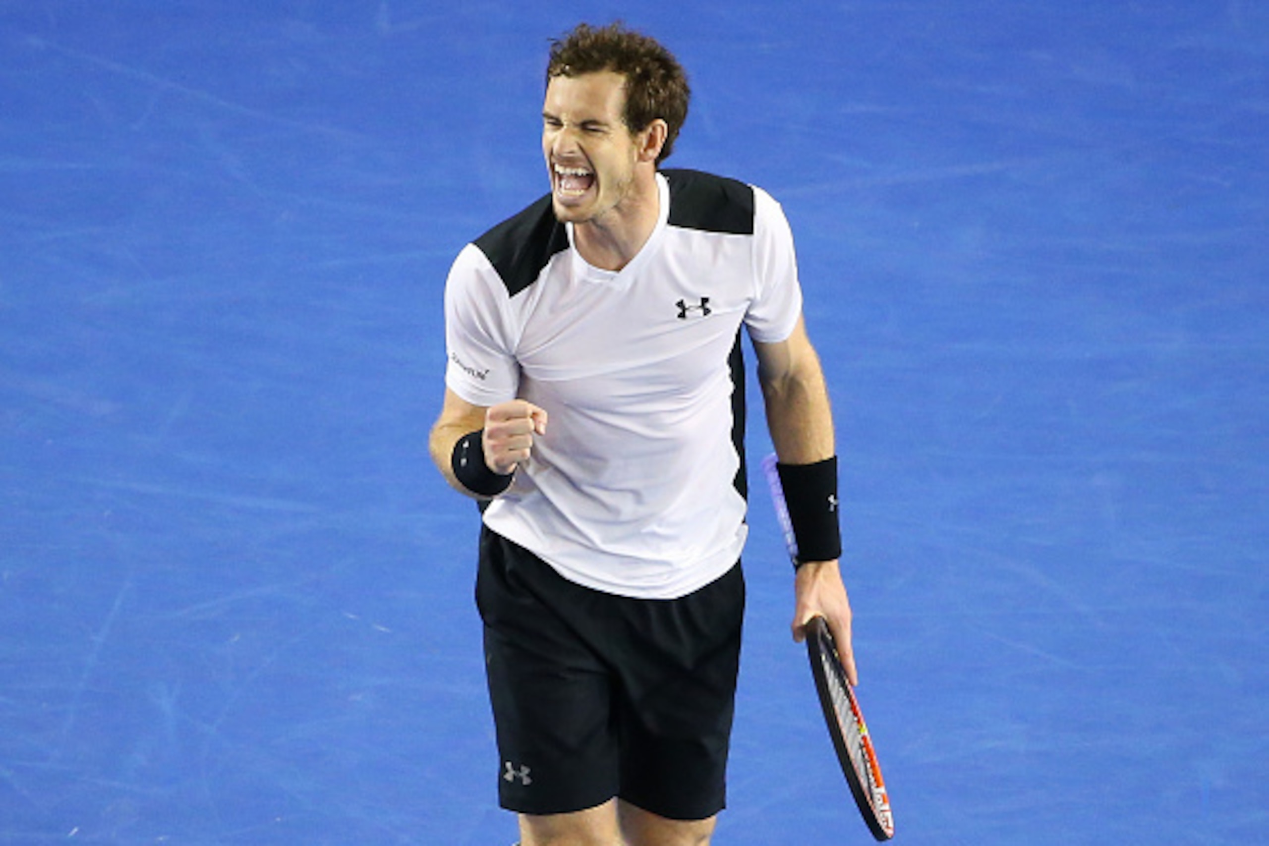 MELBOURNE, AUSTRALIA - JANUARY 29:  Andy Murray of Great Britain celebrates in his semi final match against Milos Raonic of Canada during day 12 of the 2016 Australian Open at Melbourne Park on January 29, 2016 in Melbourne, Australia.(Photo by Scott Barb