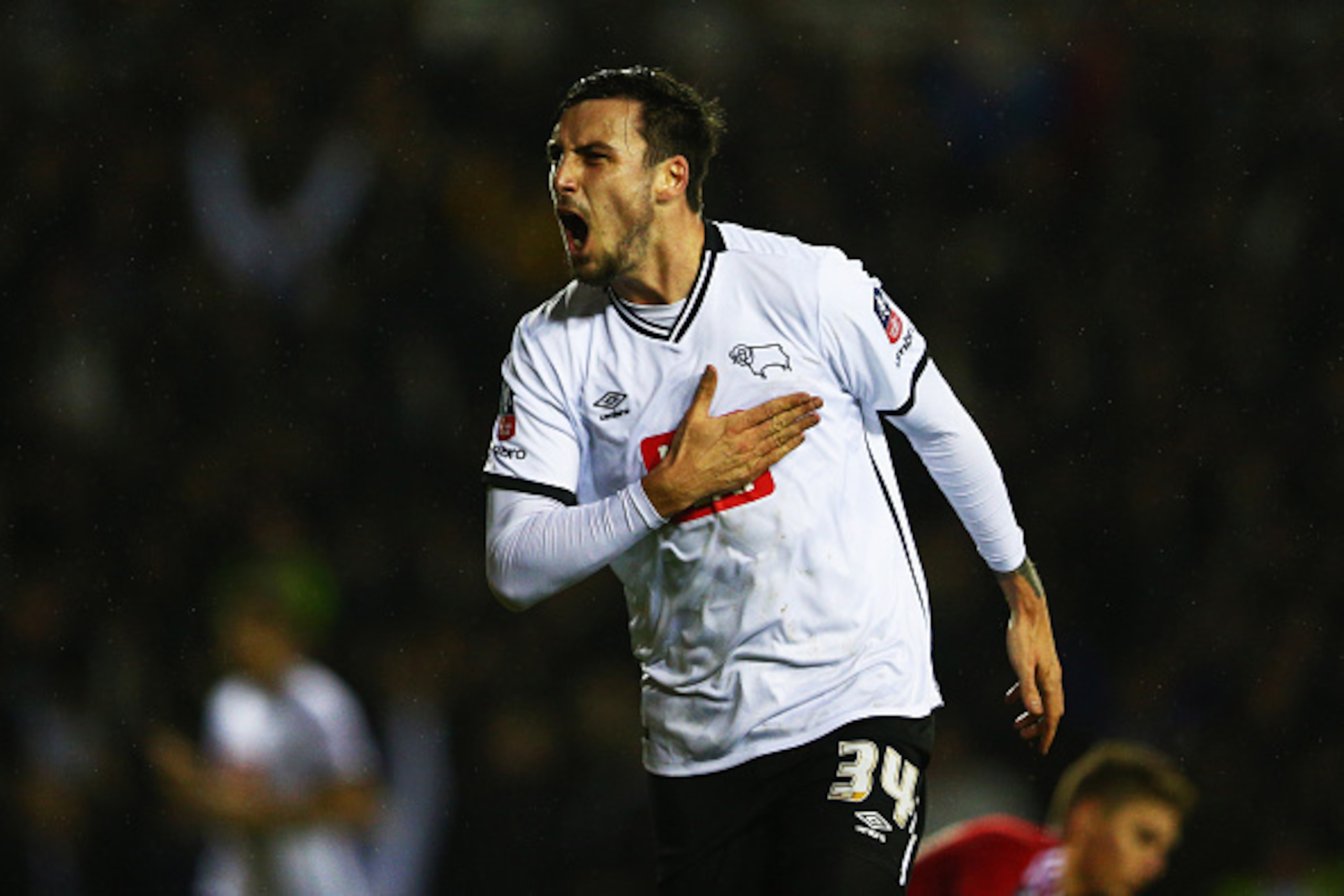 DERBY, ENGLAND - JANUARY 29: George Thorne of Derby County celebrates as he scores their first and equalising goal during the Emirates FA Cup fourth round match between Derby County and Manchester United at iPro Stadium on January 29, 2016 in Derby, Engl DERBY, ENGLAND - JANUARY 29: George Thorne of Derby County celebrates as he scores their first and equalising goal during the Emirates FA Cup fourth round match between Derby County and Manchester United at iPro Stadium on January 29, 2016 in Derby, Engl