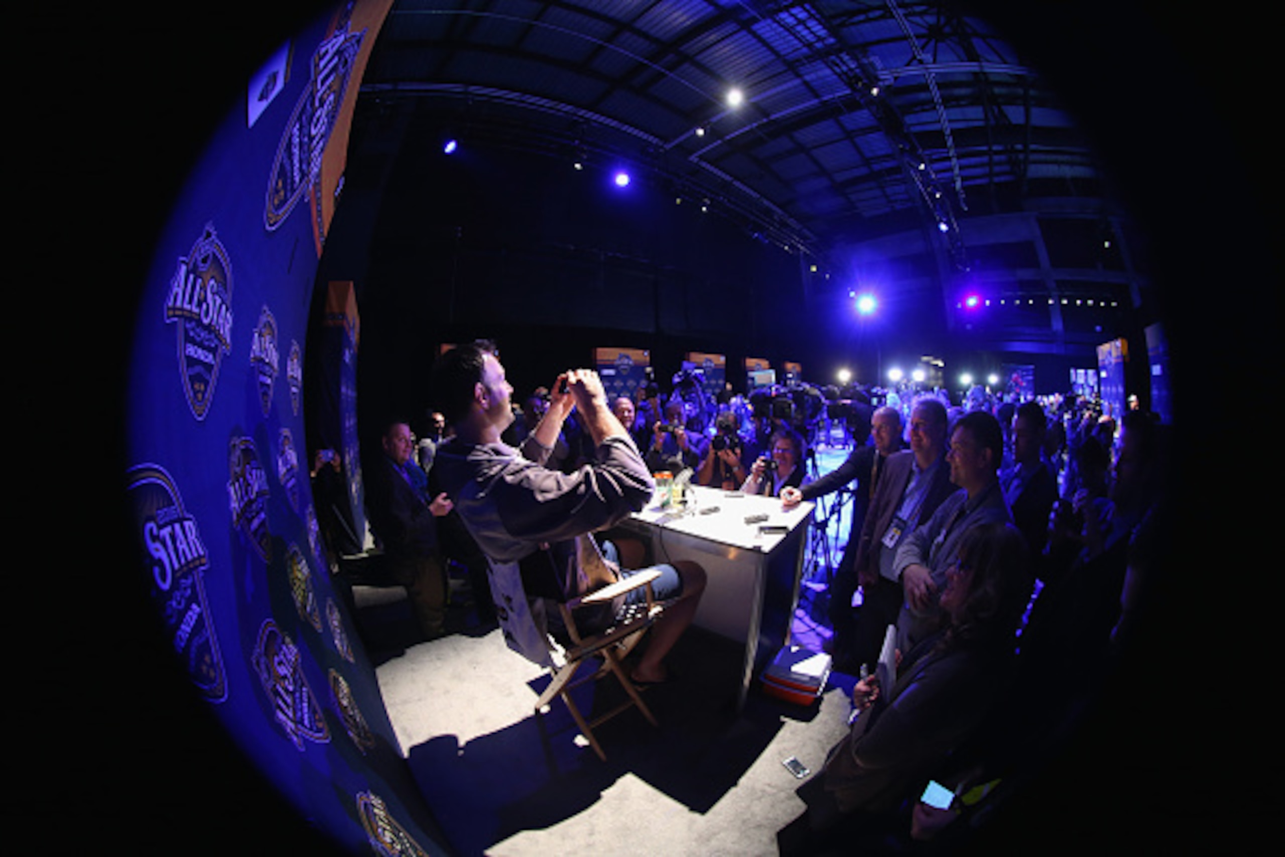 NASHVILLE, TN - JANUARY 29:  John Scott #28 of the Arizona Coyotes speaks during Media Day for the 2016 NHL All-Star Game at Bridgestone Arena on January 29, 2016 in Nashville, Tennessee.  (Photo by Bruce Bennett/Getty Images)