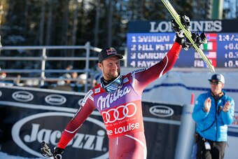 LAKE LOUISE, CANADA - NOVEMBER 28: (FRANCE OUT) Aksel Lund Svindal of Norway  takes the 1st place during the Audi FIS Alpine Ski World Cup Menâs Downhill on November 28, 2015 in Lake Louise, Canada. (Photo by Alexis Boichard/Agence Zoom/Getty Images)