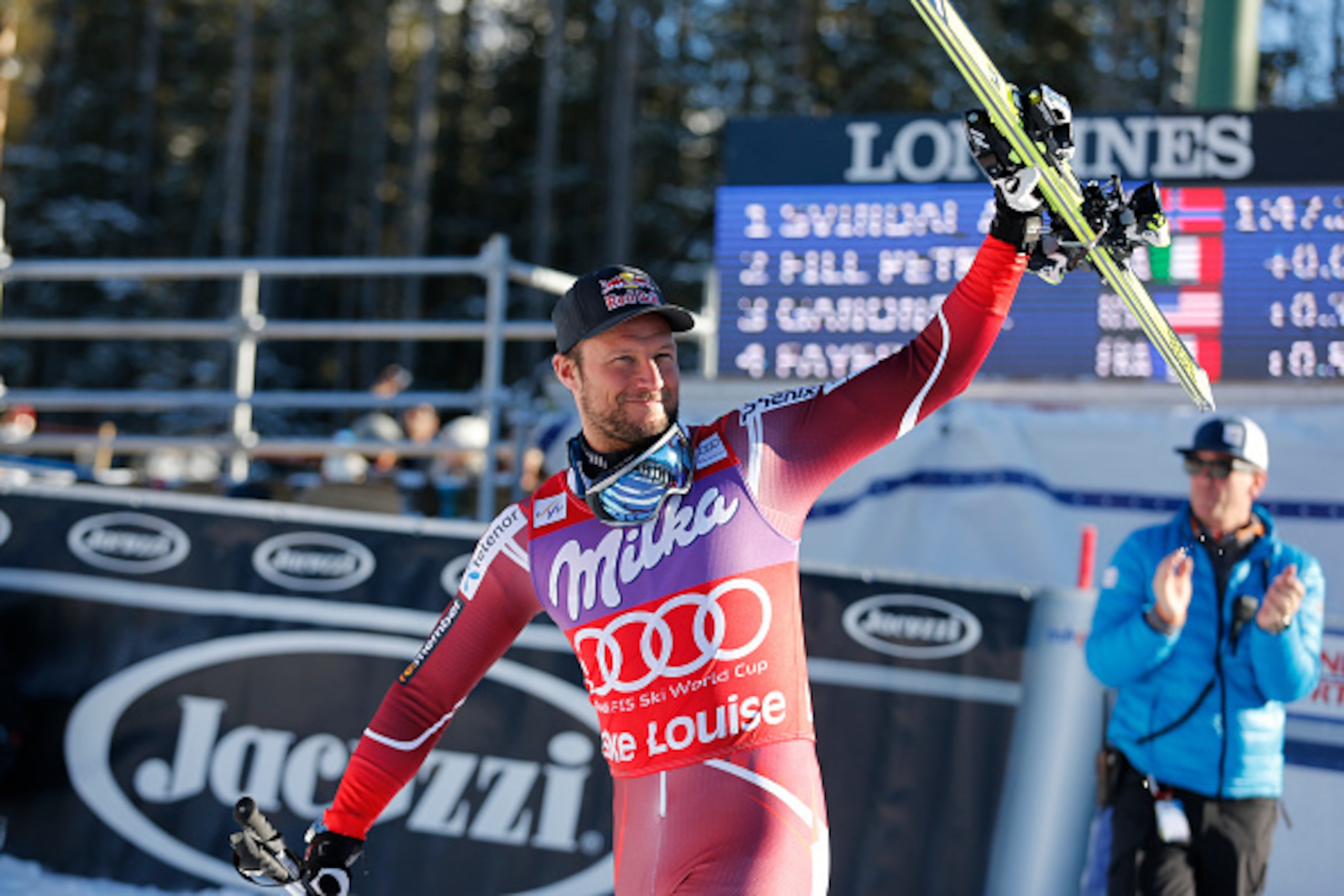 LAKE LOUISE, CANADA - NOVEMBER 28: (FRANCE OUT) Aksel Lund Svindal of Norway  takes the 1st place during the Audi FIS Alpine Ski World Cup Menâs Downhill on November 28, 2015 in Lake Louise, Canada. (Photo by Alexis Boichard/Agence Zoom/Getty Images)