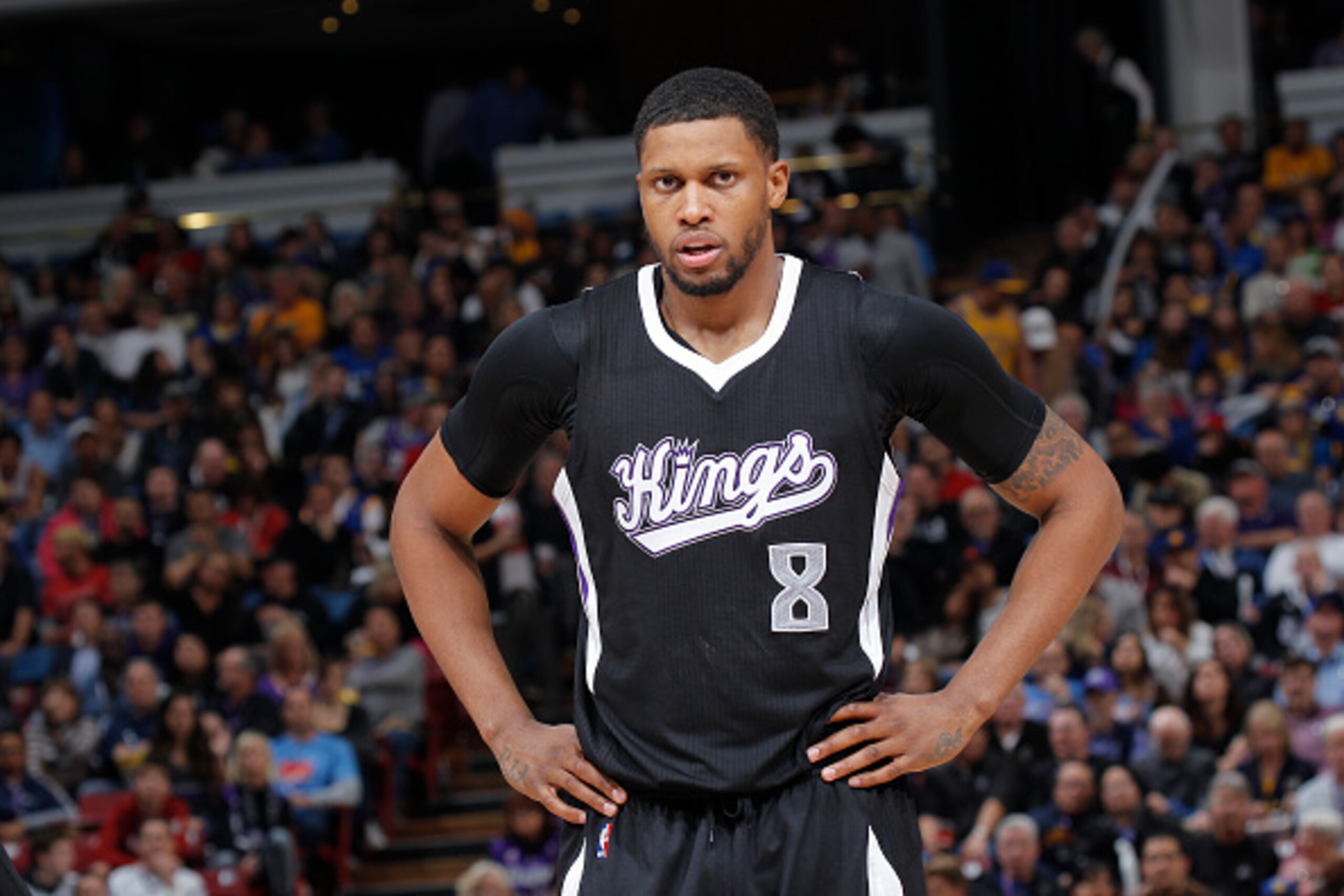 SACRAMENTO, CA - JANUARY 9: Rudy Gay #8 of the Sacramento Kings looks on during the game against the Golden State Warriors on January 9, 2016 at Sleep Train Arena in Sacramento, California. NOTE TO USER: User expressly acknowledges and agrees that, by dow